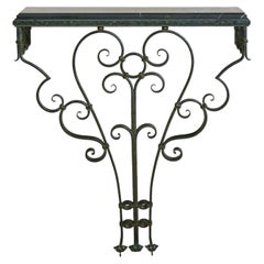 French Verdigris Bronze + Black Marble Wall-Mounted Console, 1940s