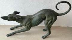 French Verdigris Bronze Life-Size Sculpture of a Crouching Whippet
