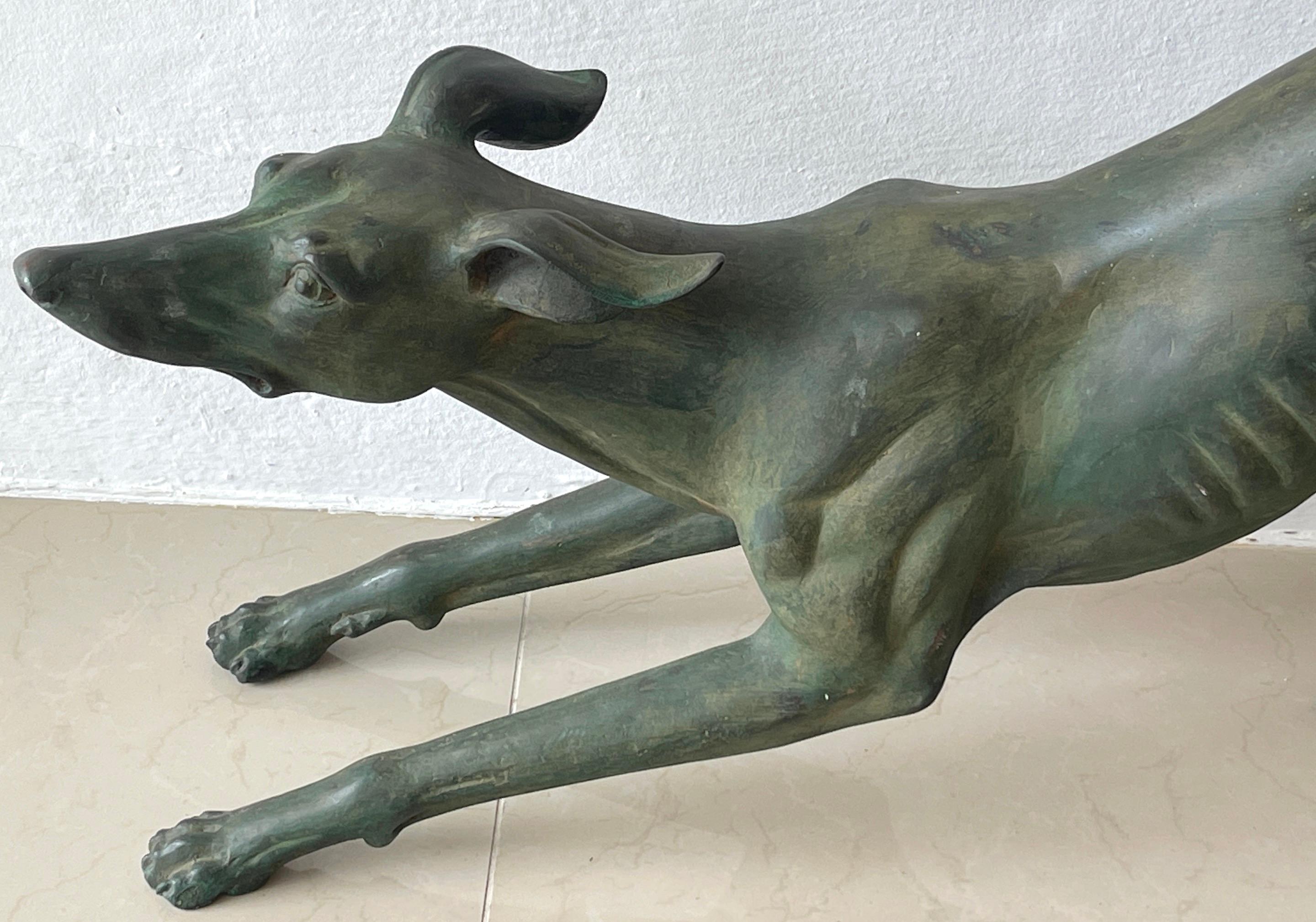 Cast French Verdigris Bronze Life-Size Sculpture of a Crouching Whippet