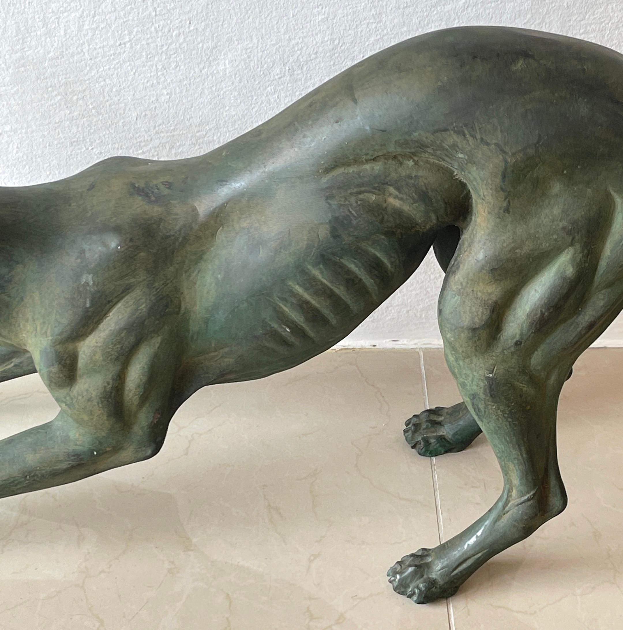 French Verdigris Bronze Life-Size Sculpture of a Crouching Whippet In Good Condition In West Palm Beach, FL