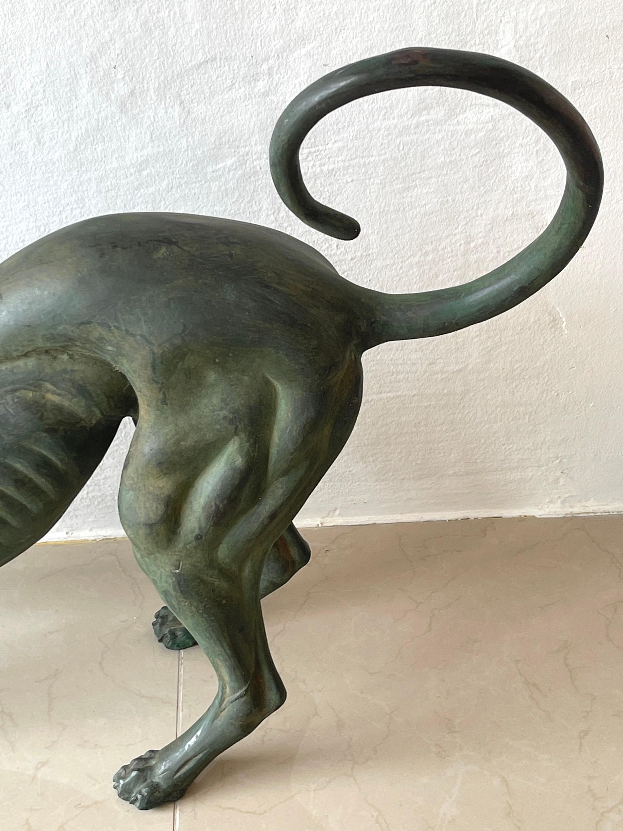 20th Century French Verdigris Bronze Life-Size Sculpture of a Crouching Whippet
