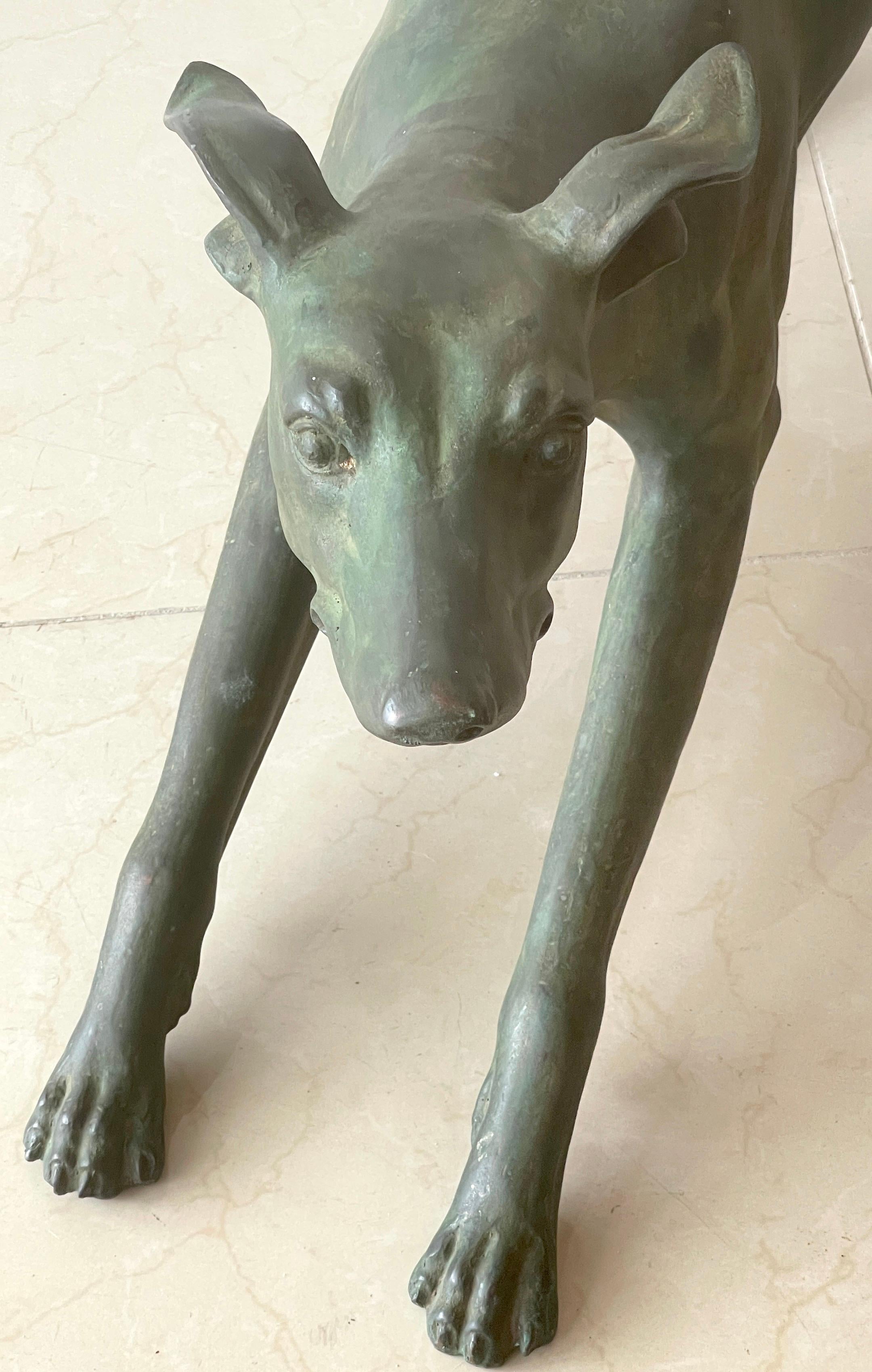 French Verdigris Bronze Life-Size Sculpture of a Crouching Whippet 1