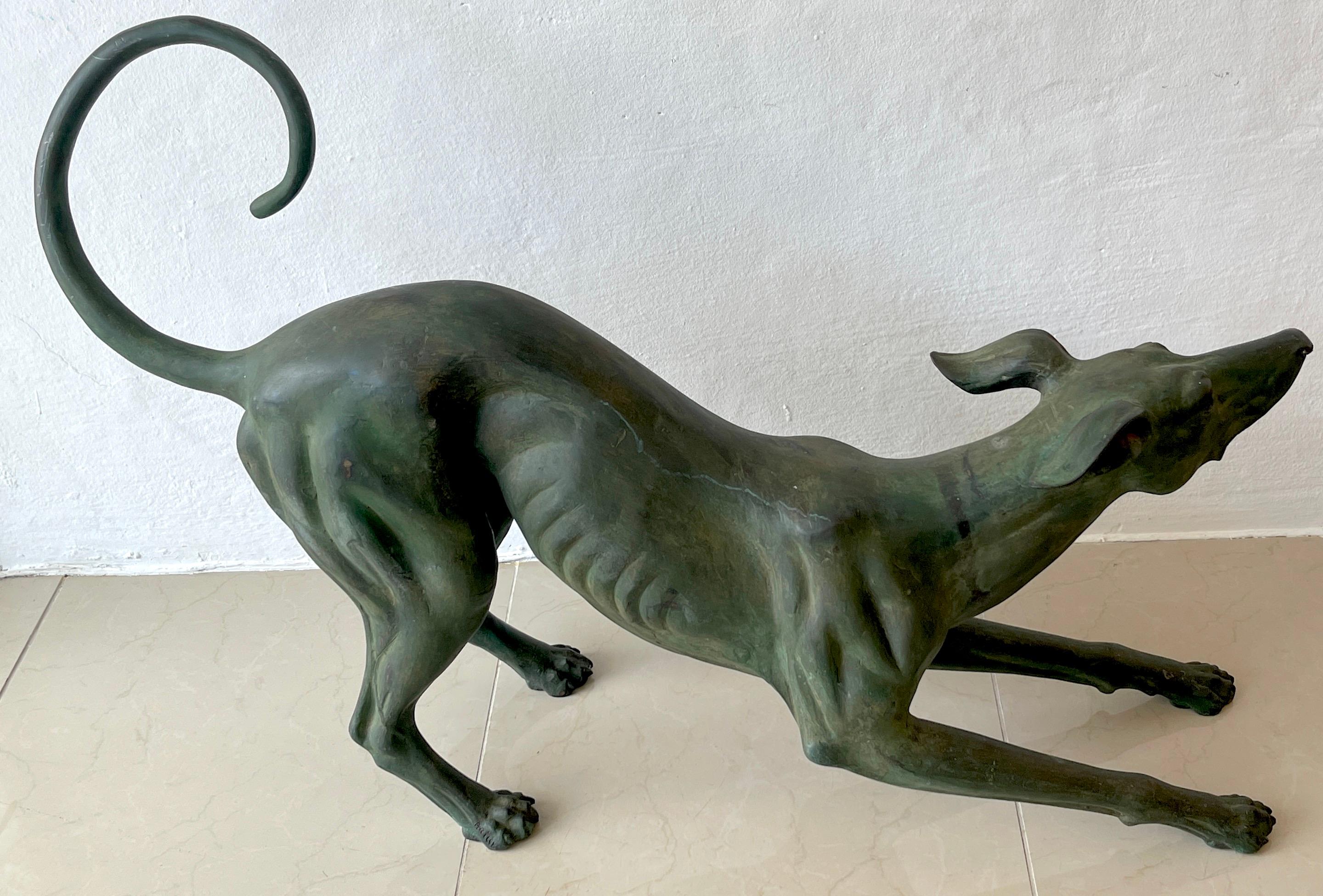 French Verdigris Bronze Life-Size Sculpture of a Crouching Whippet 2