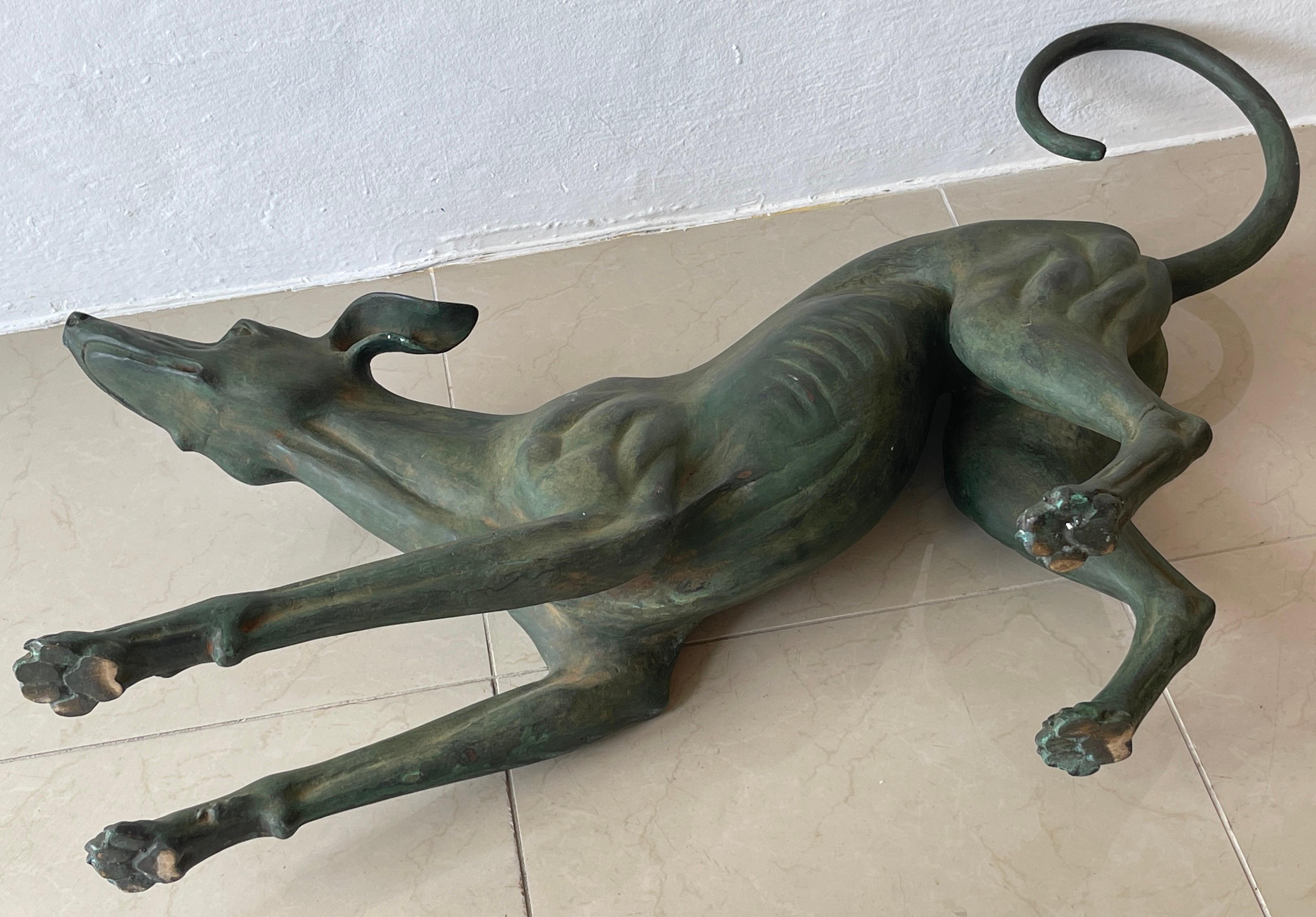 French Verdigris Bronze Life-Size Sculpture of a Crouching Whippet 4