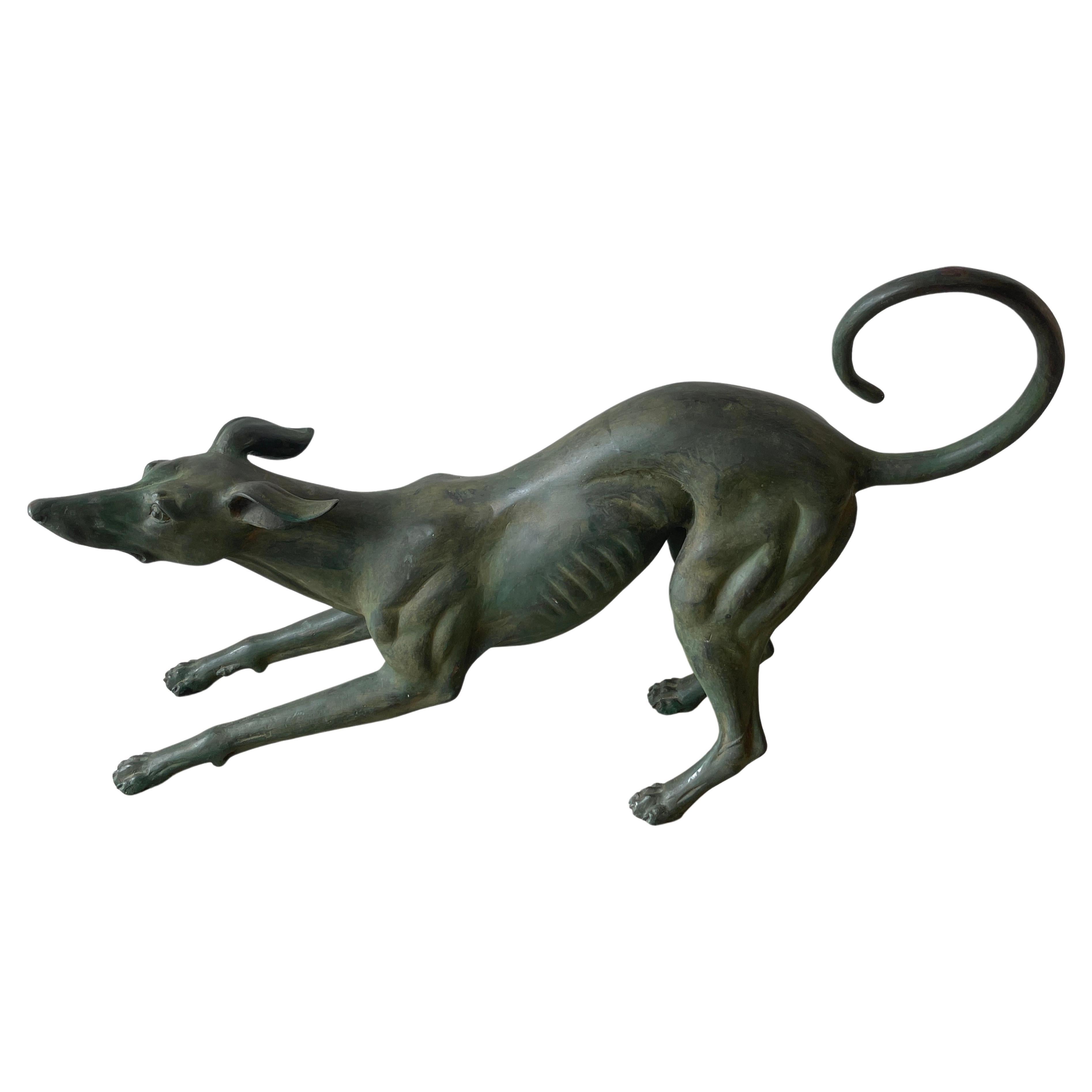 French Verdigris Bronze Life-Size Sculpture of a Crouching Whippet