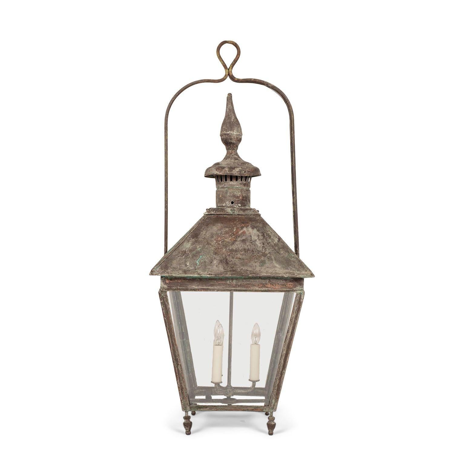 French Verdigris Green Patina Copper and Glass Paneled Lantern 5