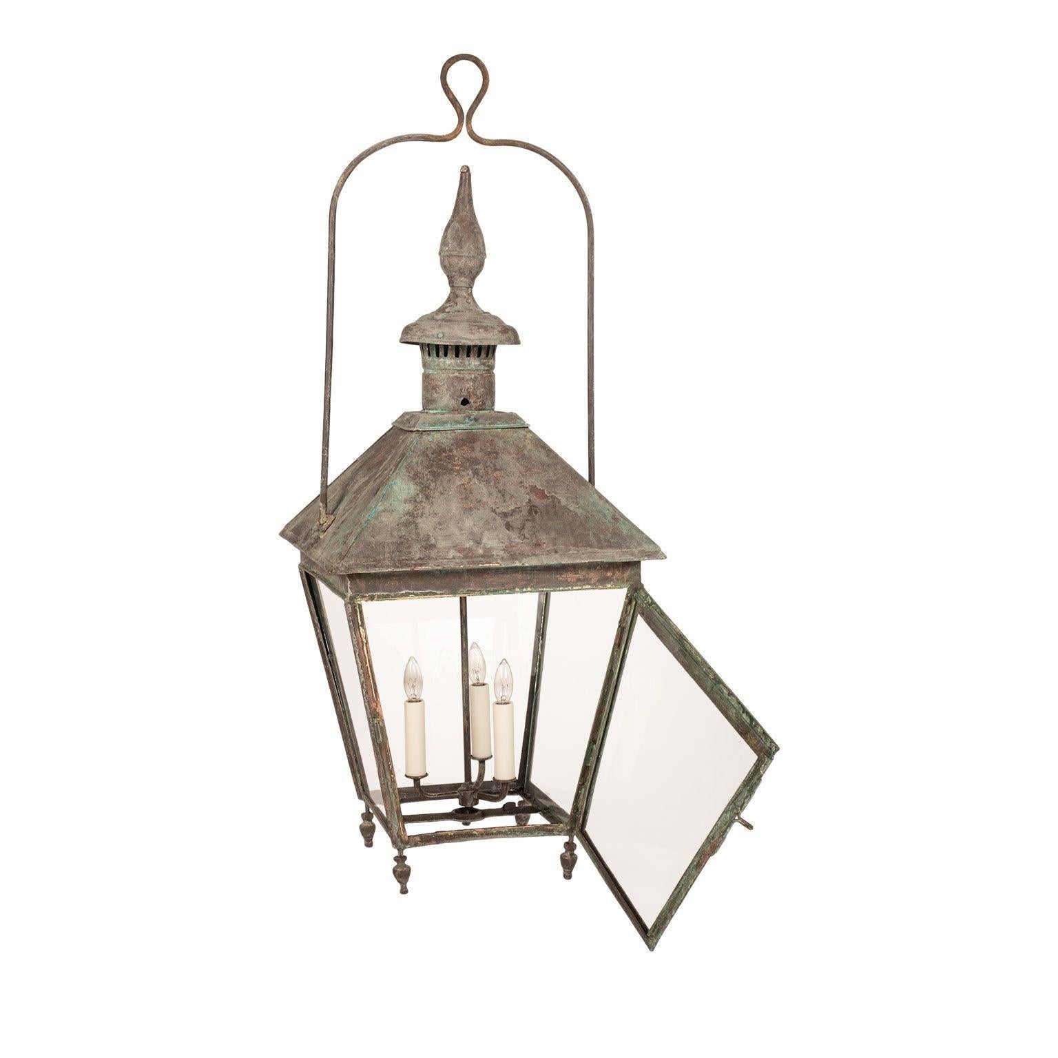 French Verdigris Green Patina Copper and Glass Paneled Lantern 6