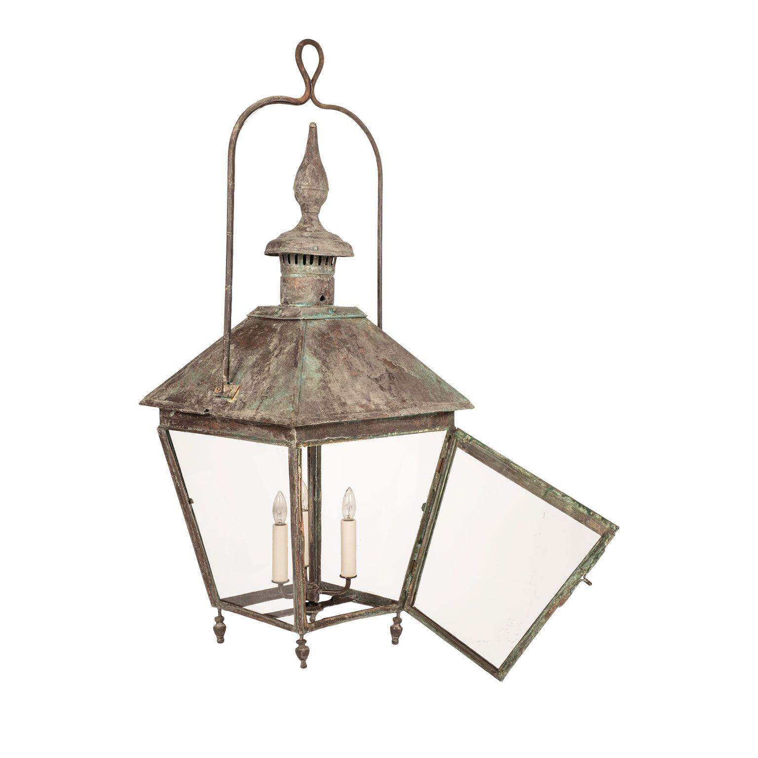 French Verdigris Green Patina Copper and Glass Paneled Lantern 7