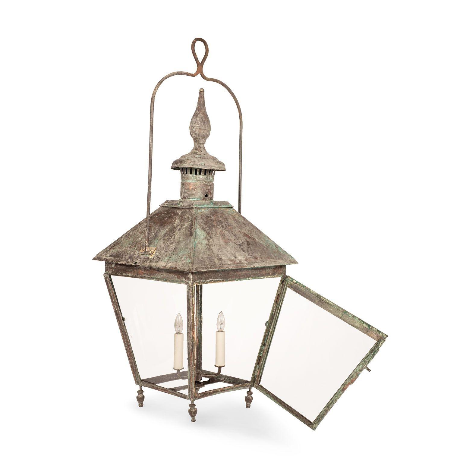 French Verdigris Green Patina Copper and Glass Paneled Lantern 8