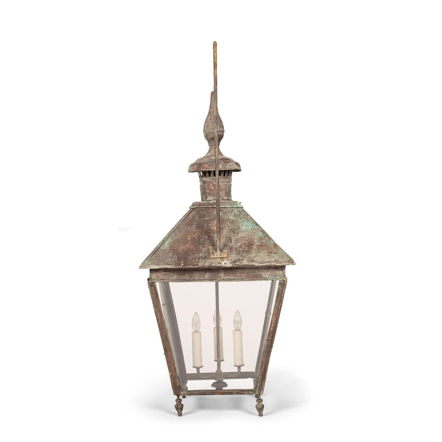 French Verdigris Green Patina Copper and Glass Paneled Lantern 9