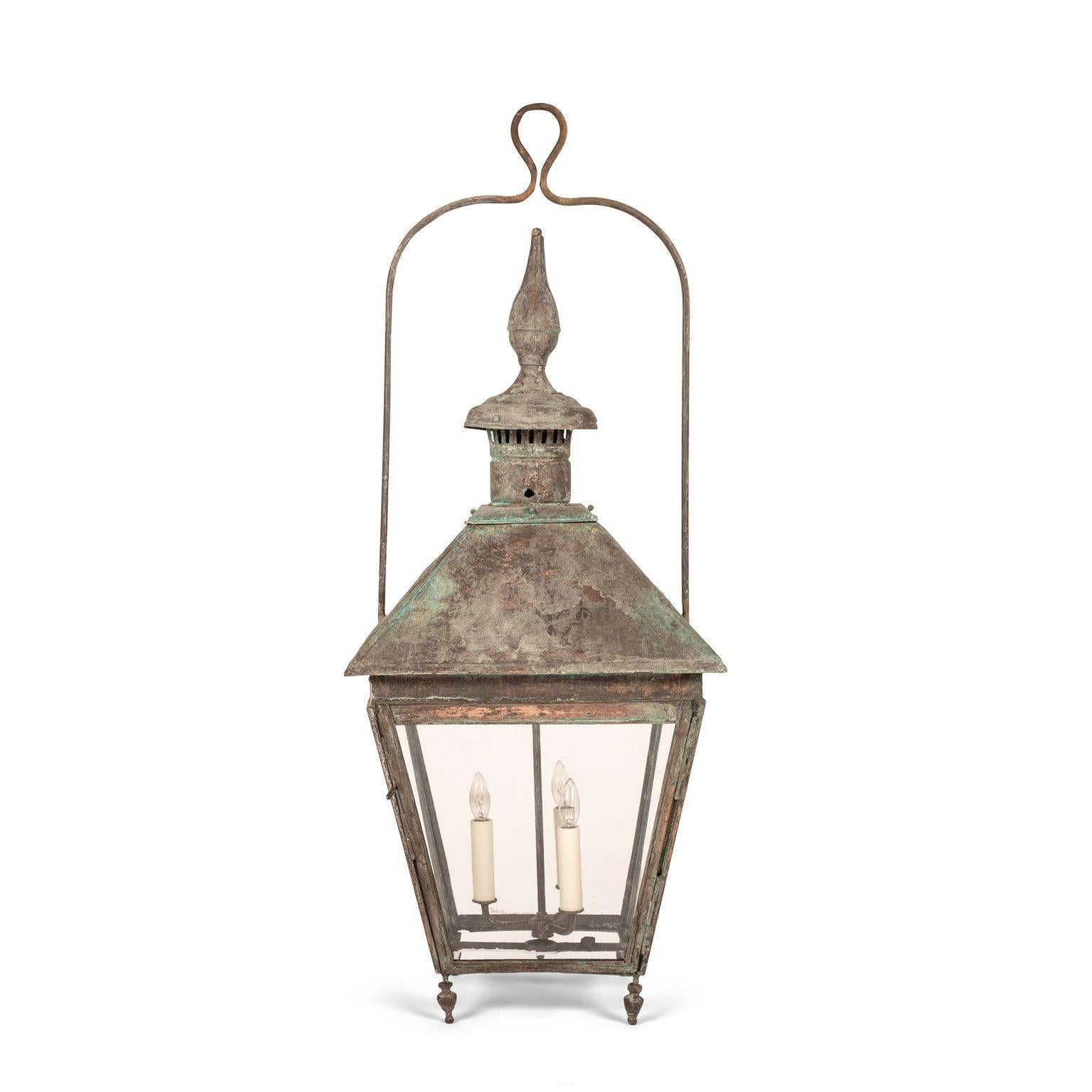 19th century French verdigris green and gray patina copper and glass paneled lantern circa 1850-1889. Subtle natural verdigris green and mottled gray patina finish on copper. Nice, large scale. Originally served as a gas-lit street lantern - now