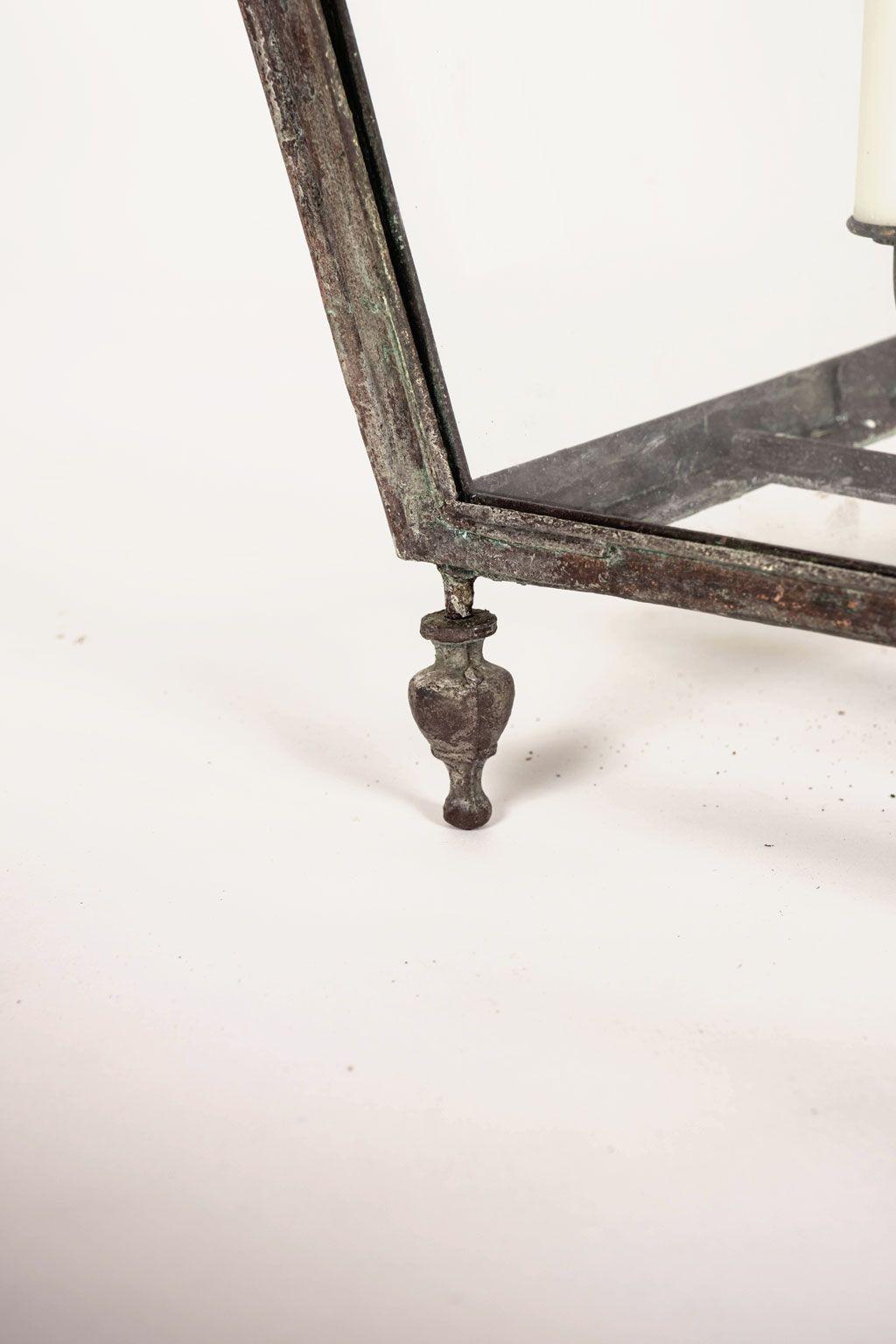 Forged French Verdigris Green Patina Copper and Glass Paneled Lantern