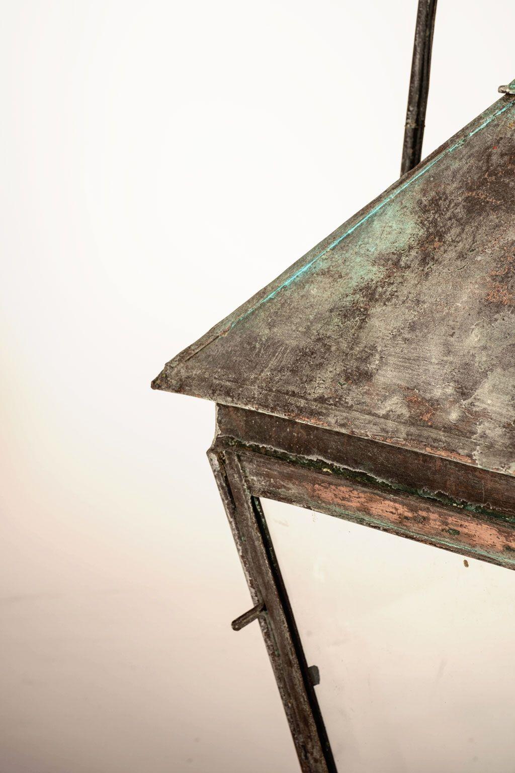 French Verdigris Green Patina Copper and Glass Paneled Lantern In Good Condition In Houston, TX