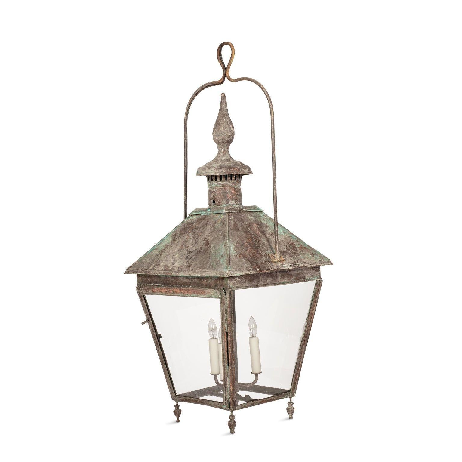 19th Century French Verdigris Green Patina Copper and Glass Paneled Lantern