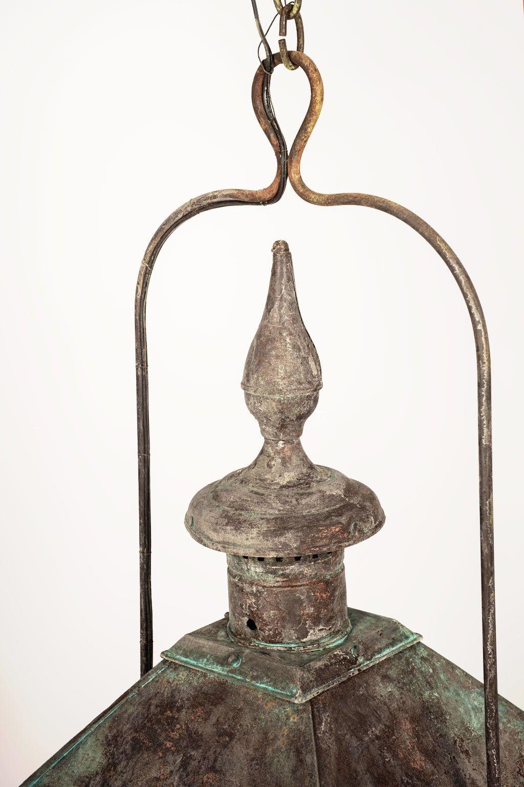 French Verdigris Green Patina Copper and Glass Paneled Lantern 3