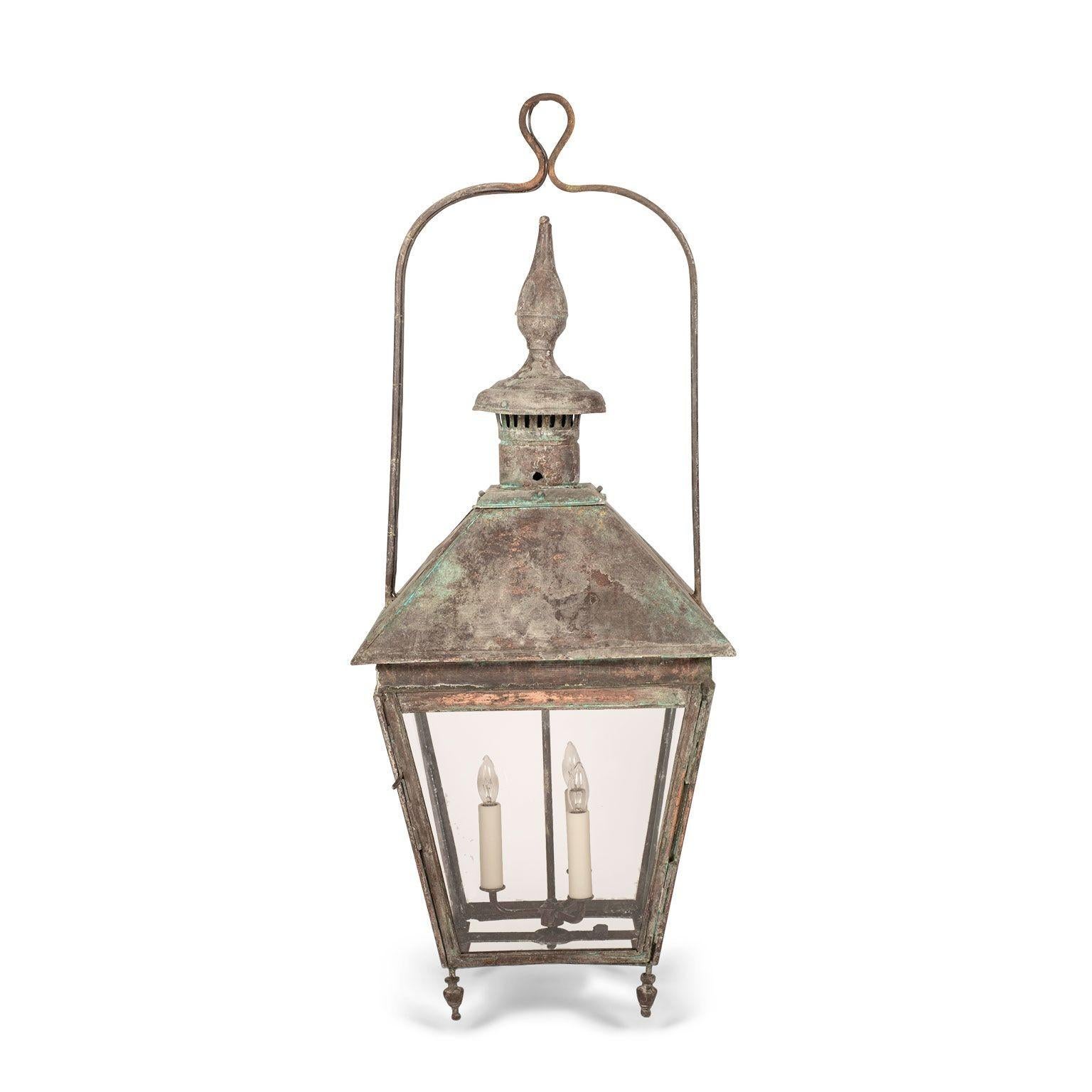 French Verdigris Green Patina Copper and Glass Paneled Lantern 4