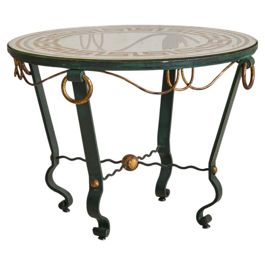 French Verdigris Guéridon Table with Greek Key Églomisé Top, 1930s