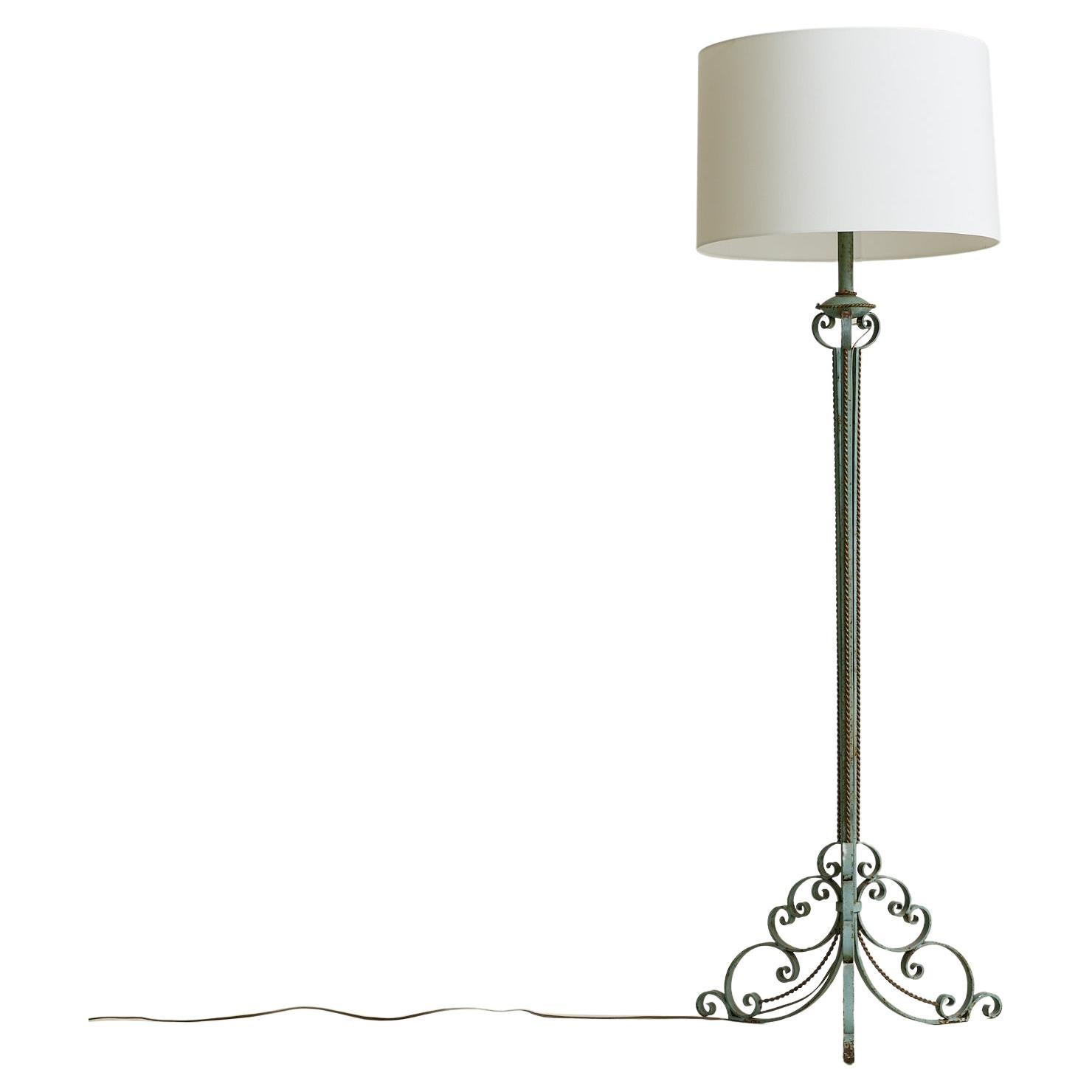 French Verdigris Wrought Iron Floor Lamp with Shade, 1940s en vente