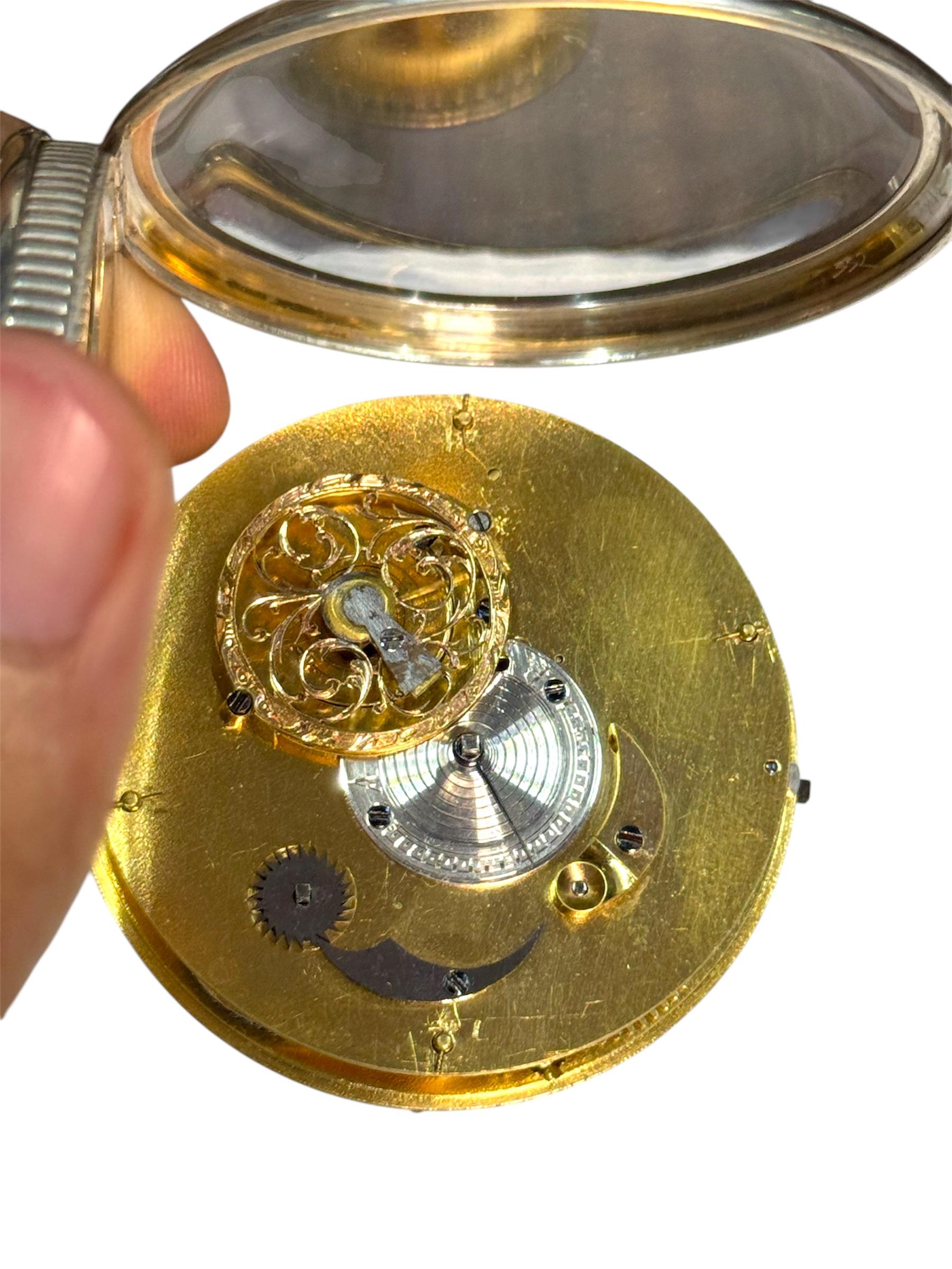 French Verge Fusee Day Date Centre Seconds, Intricate Enamel  58mm Pocket Watch In Fair Condition For Sale In Mumbai, IN
