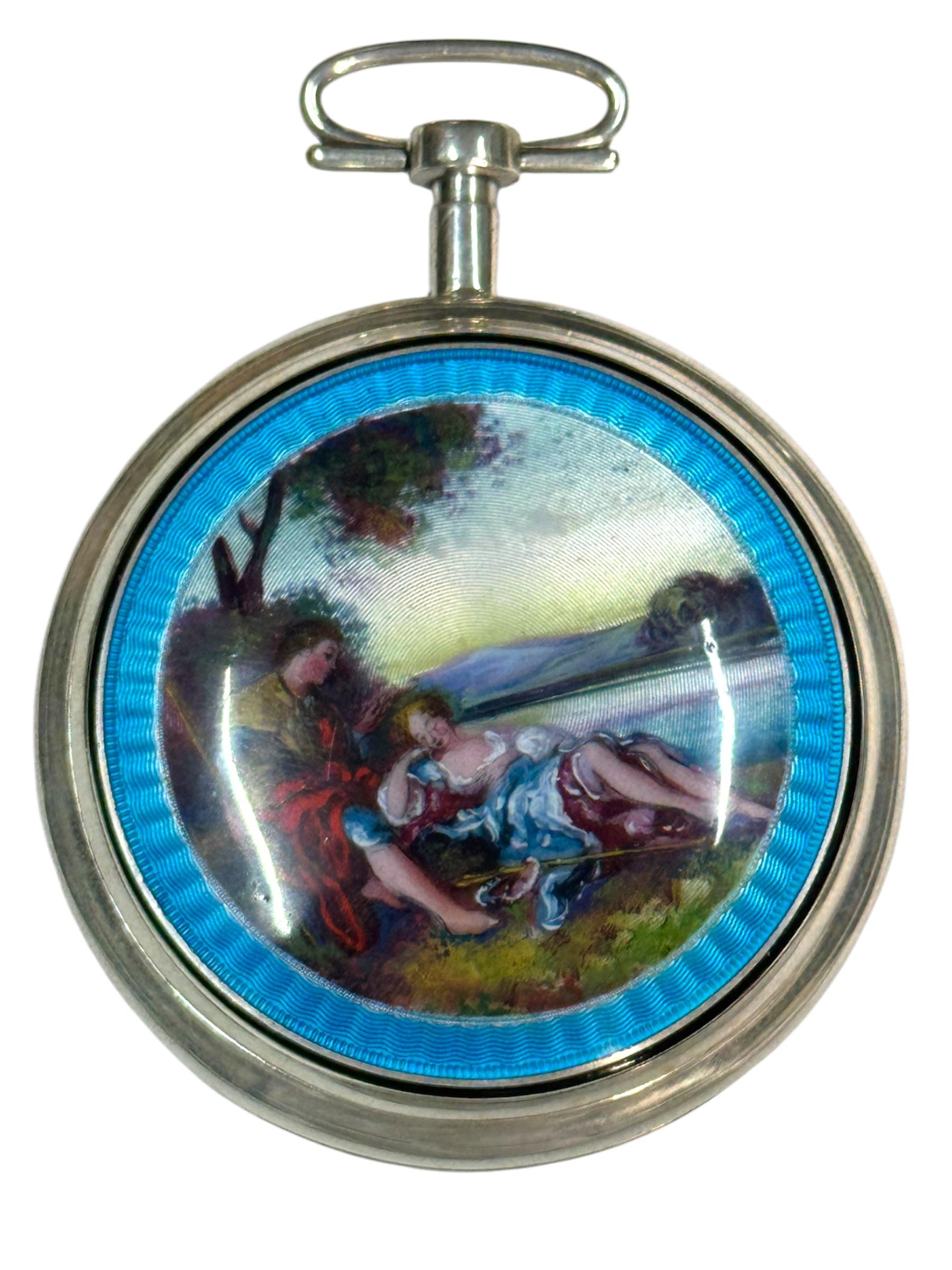 French Verge Fusee Day Date Centre Seconds, Intricate Enamel  58mm Pocket Watch For Sale 2