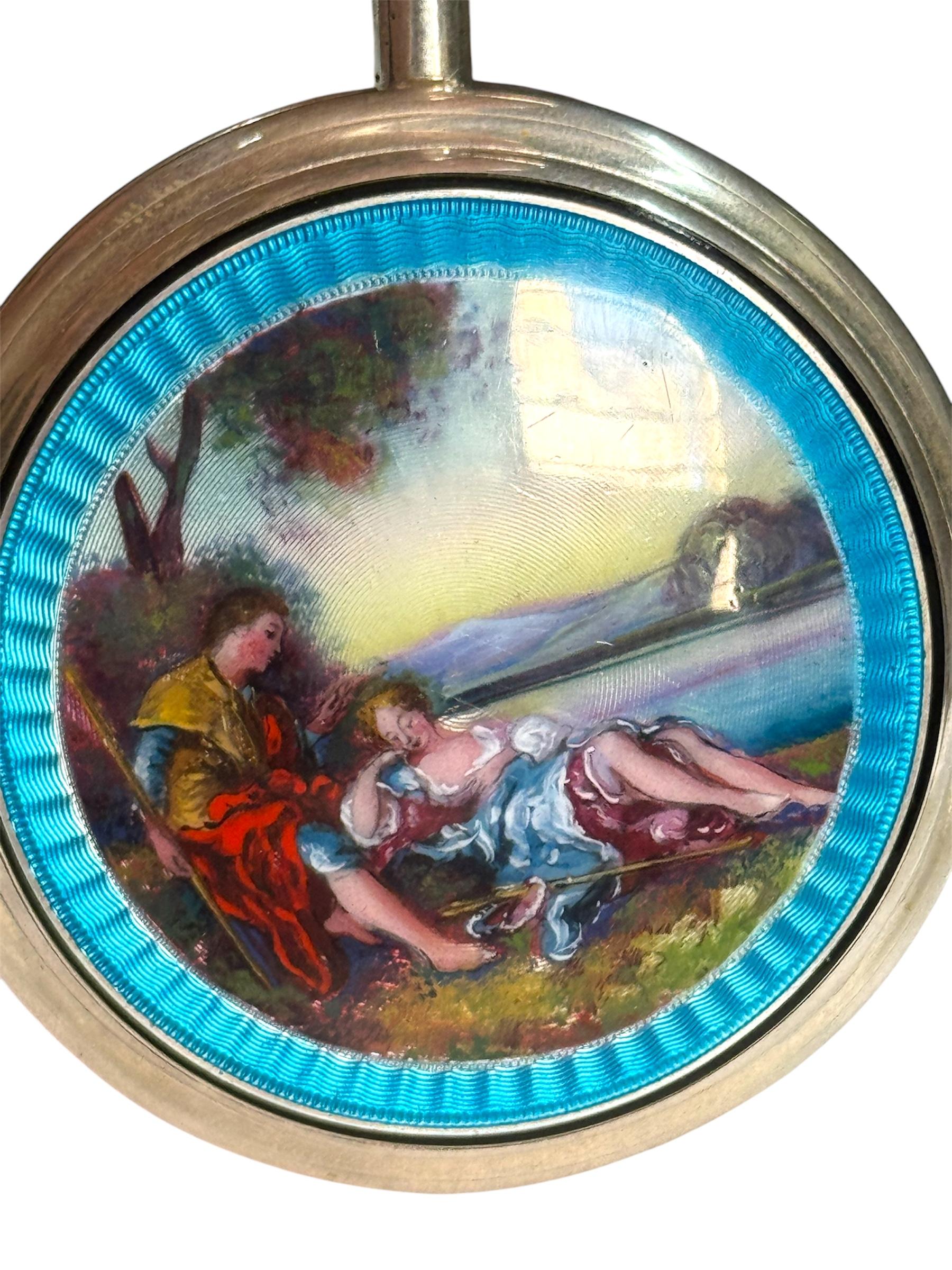 French Verge Fusee Day Date Centre Seconds, Intricate Enamel  58mm Pocket Watch For Sale 3