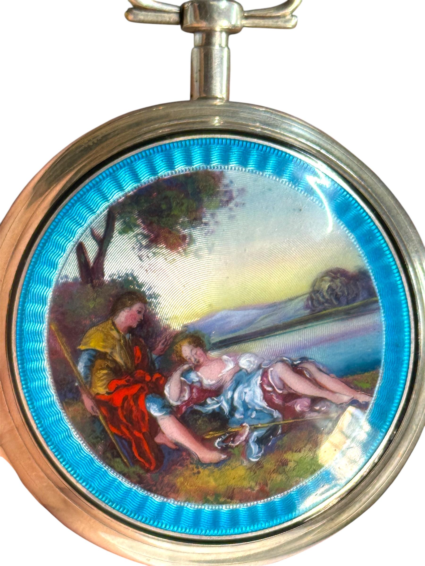French Verge Fusee Day Date Centre Seconds, Intricate Enamel  58mm Pocket Watch For Sale 4