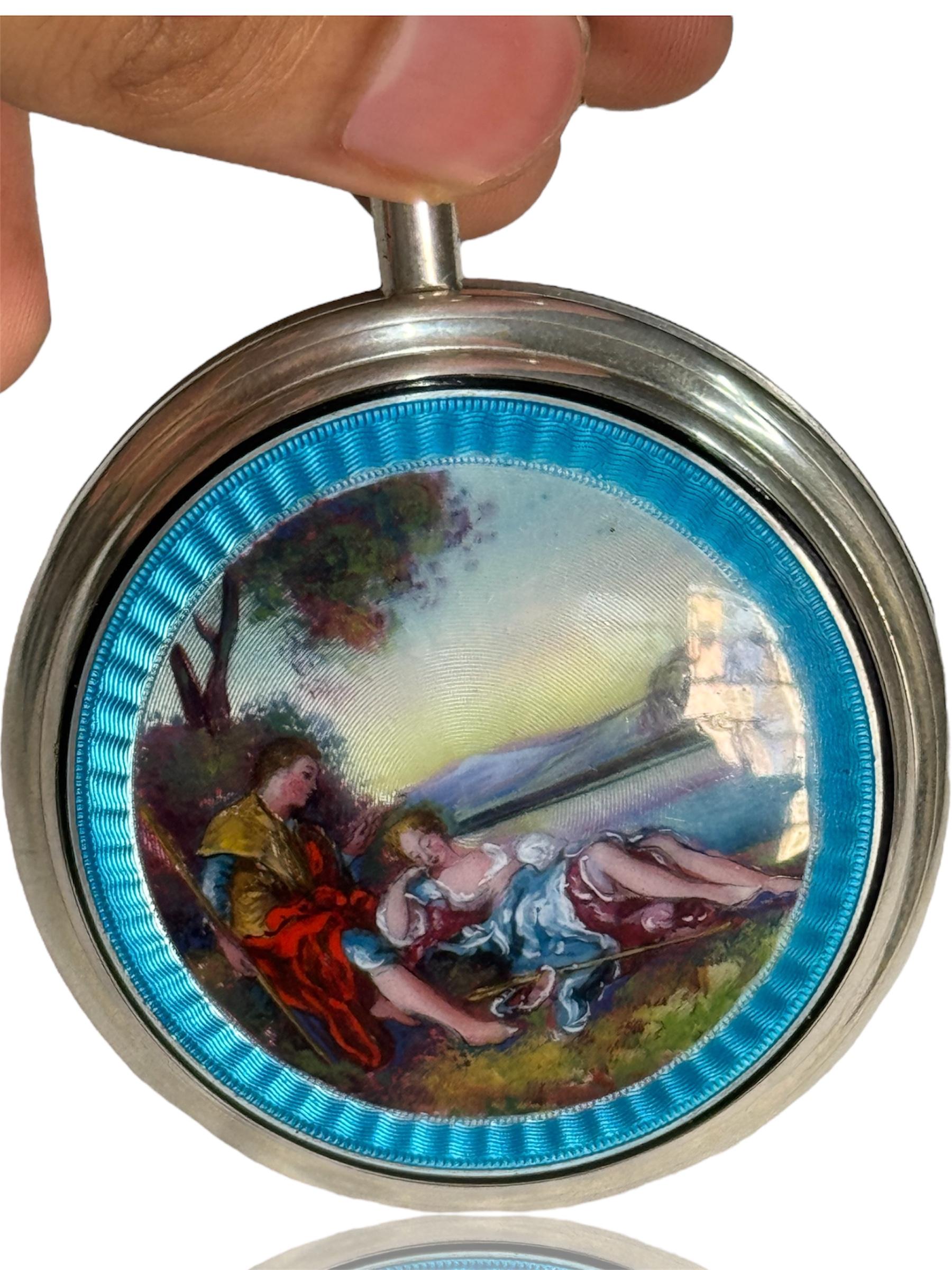 French Verge Fusee Day Date Centre Seconds, Intricate Enamel  58mm Pocket Watch For Sale 5