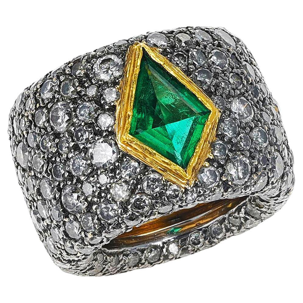 French Verney Emerald and Diamond Cocktail Ring For Sale