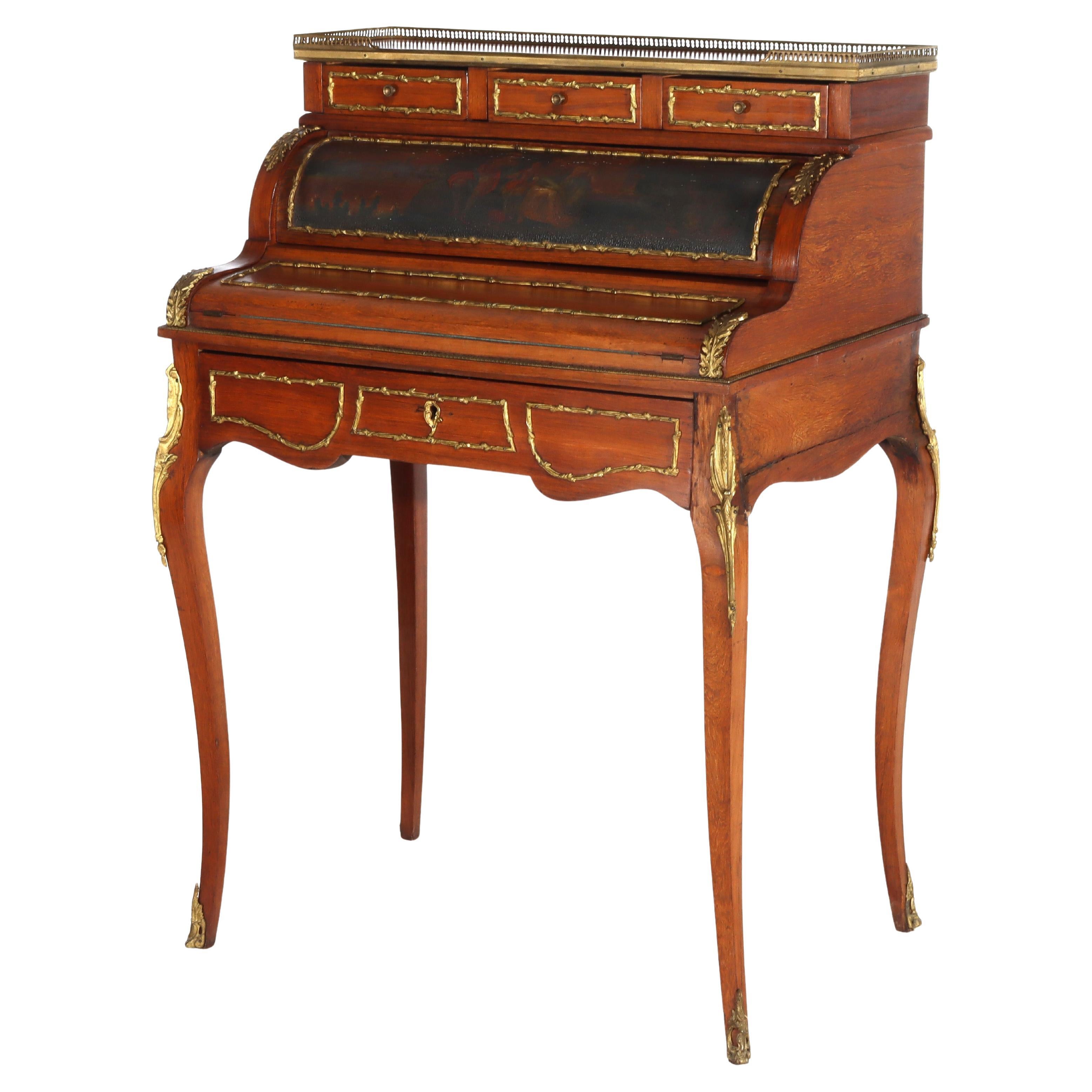 French Vernis Martin Decorated Louis XIV Mahogany 
Ormolu Lady’s Roll Top Desk