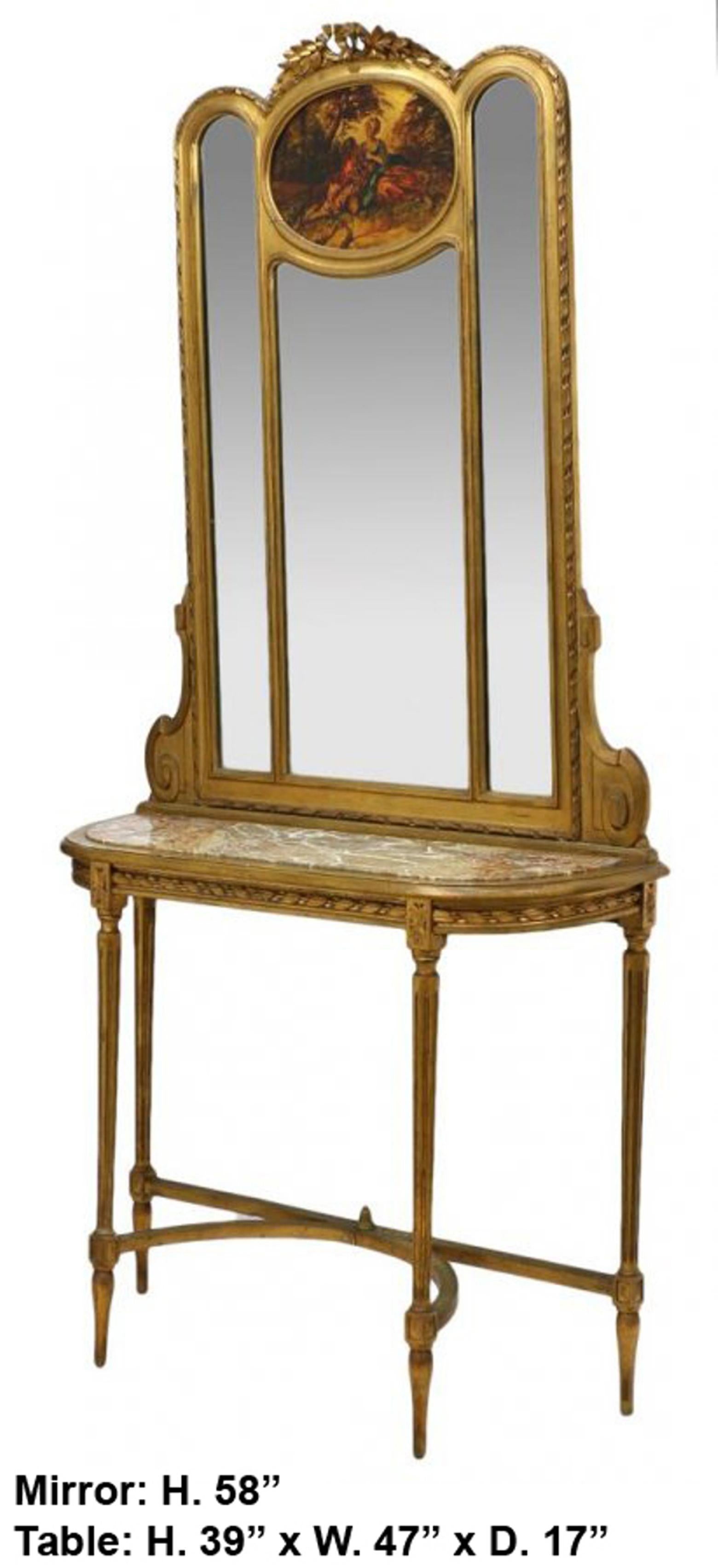 Beautiful French Louis XVI style Vernis Martin giltwood Trumeau mirror and console, 19th century.

The carved giltwood mirror is surmounted with a foliate-inspired crest over an oval oil on canvas depicting a romantic scene of a French couple in
