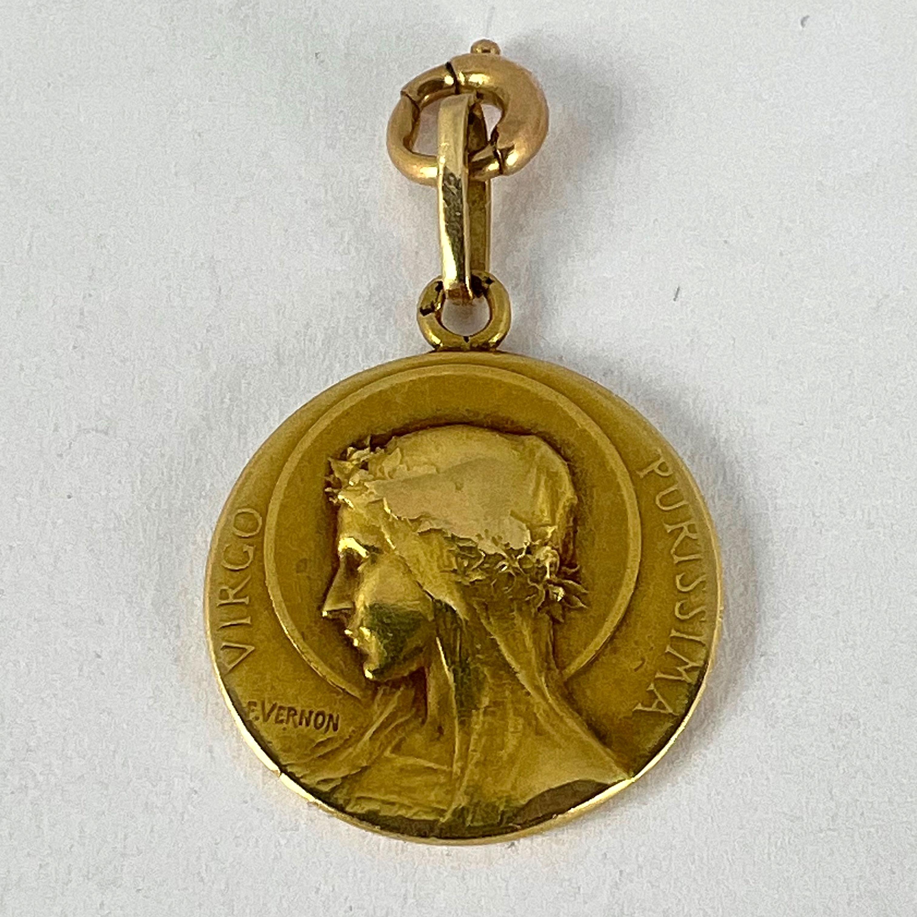 French Vernon 18K Yellow Gold Virgin Mary Virgo Purissima Medal Pendant 8