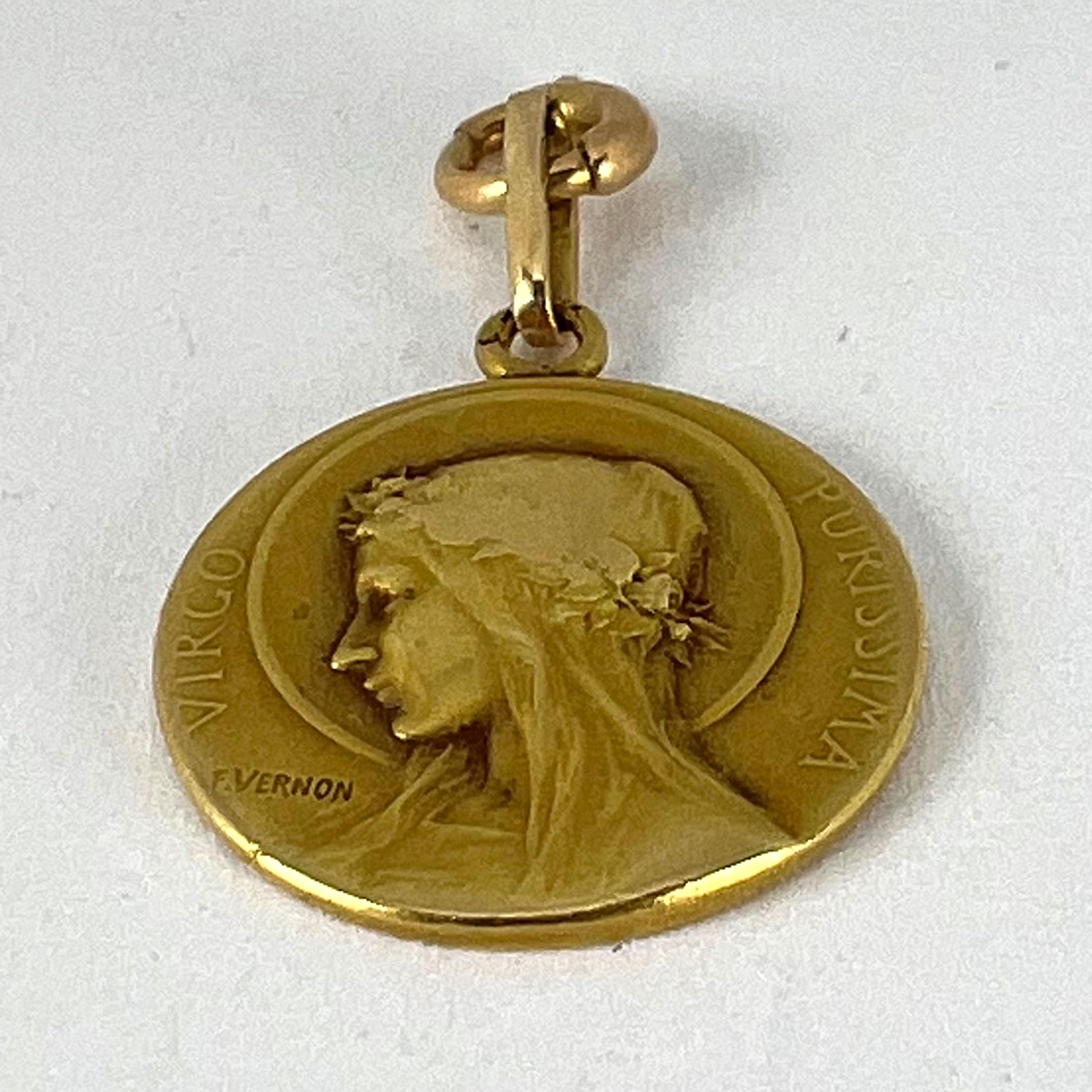 French Vernon 18K Yellow Gold Virgin Mary Virgo Purissima Medal Pendant 10