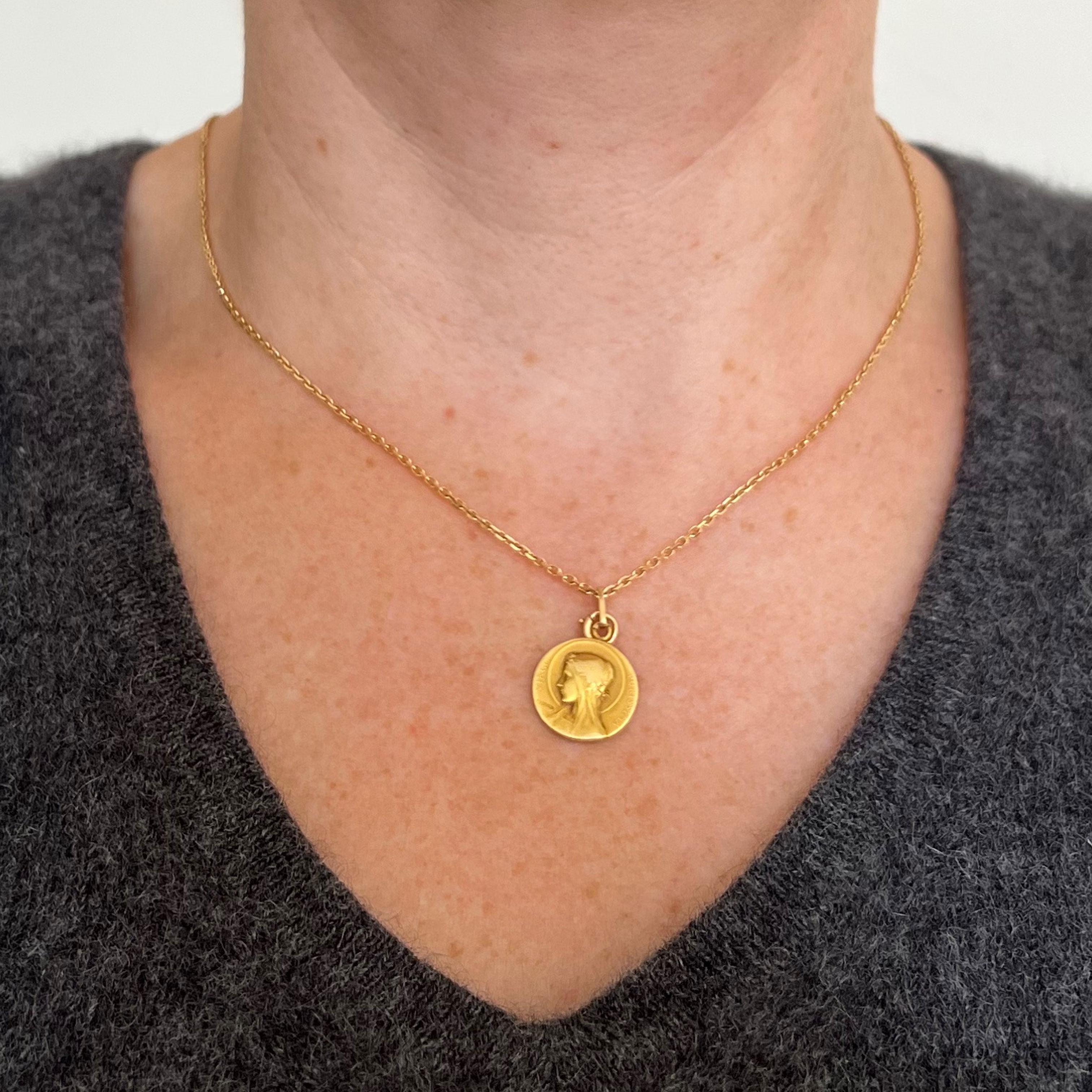 Women's French Vernon 18K Yellow Gold Virgin Mary Virgo Purissima Medal Pendant