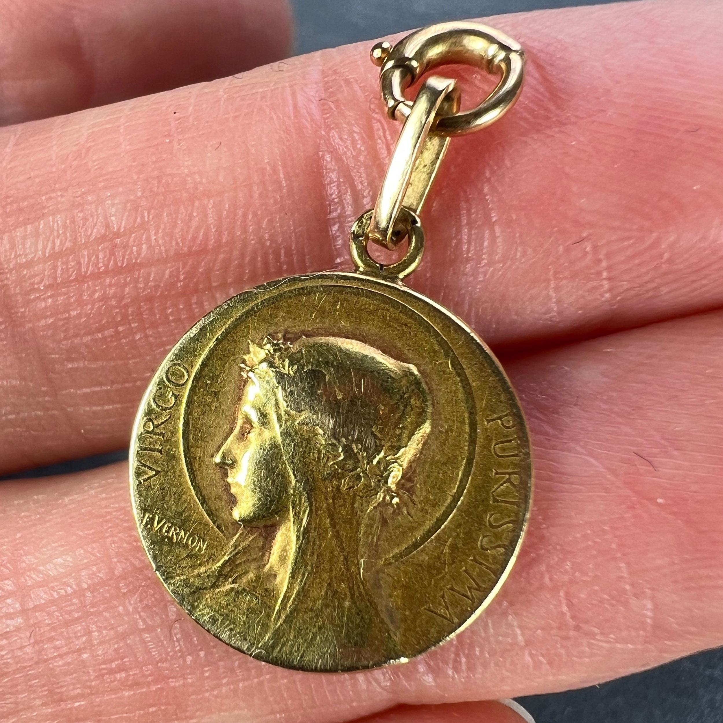 French Vernon 18K Yellow Gold Virgin Mary Virgo Purissima Medal Pendant 2