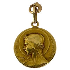 French Vernon 18K Yellow Gold Virgin Mary Virgo Purissima Medal Pendant