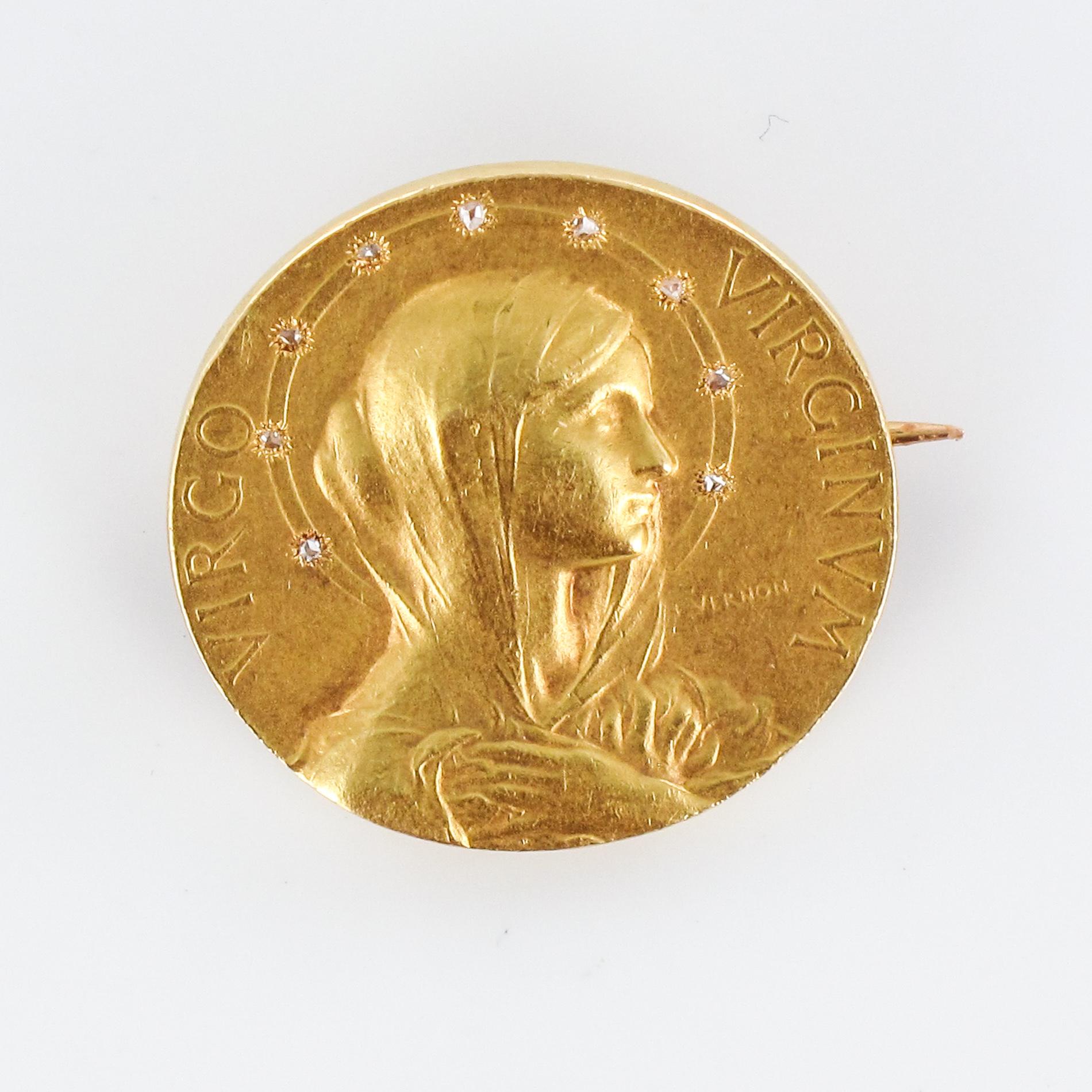 French Vernon Art Nouveau 18 Karat Yellow Gold Virgin Diamonds Halo Brooch 11