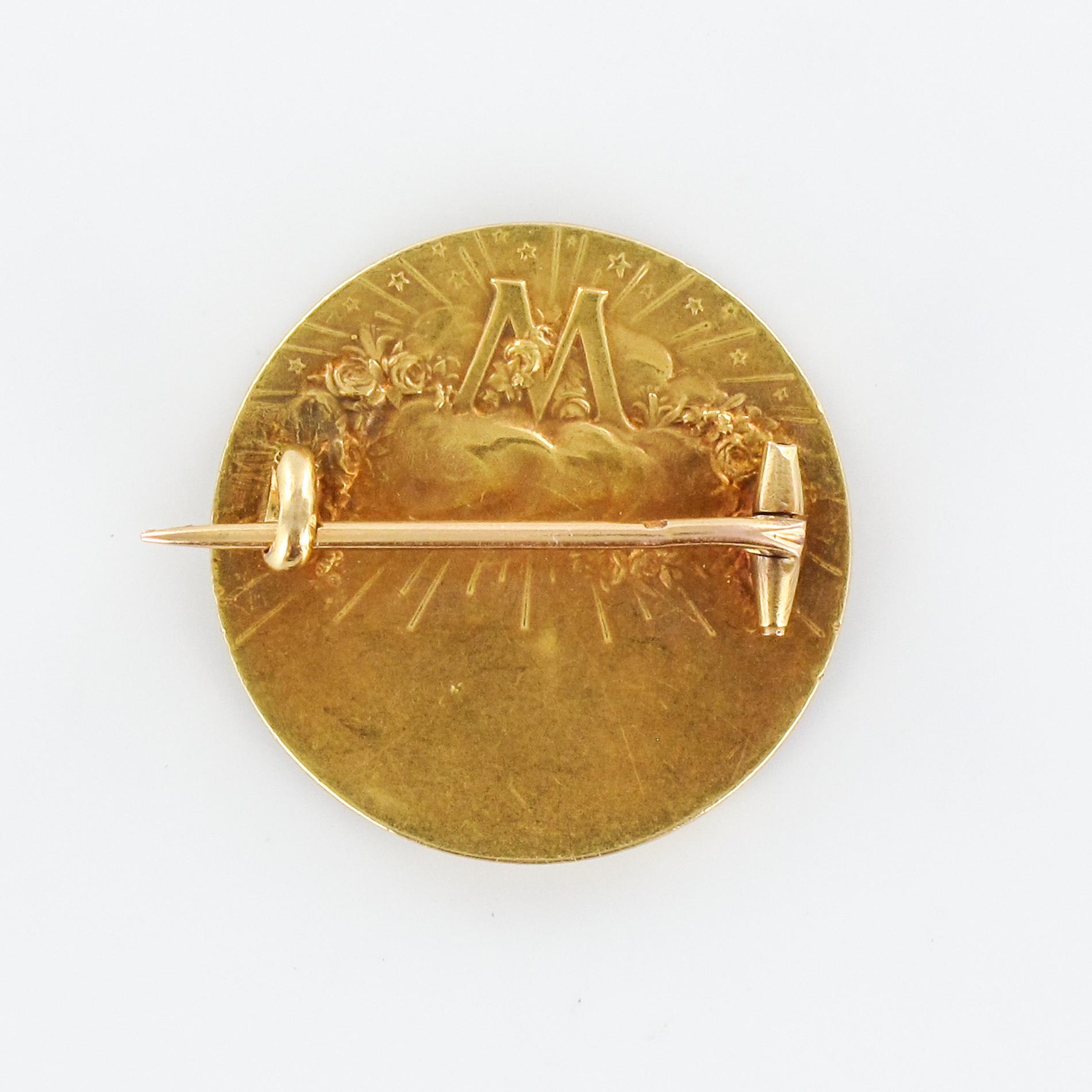 French Vernon Art Nouveau 18 Karat Yellow Gold Virgin Diamonds Halo Brooch 12