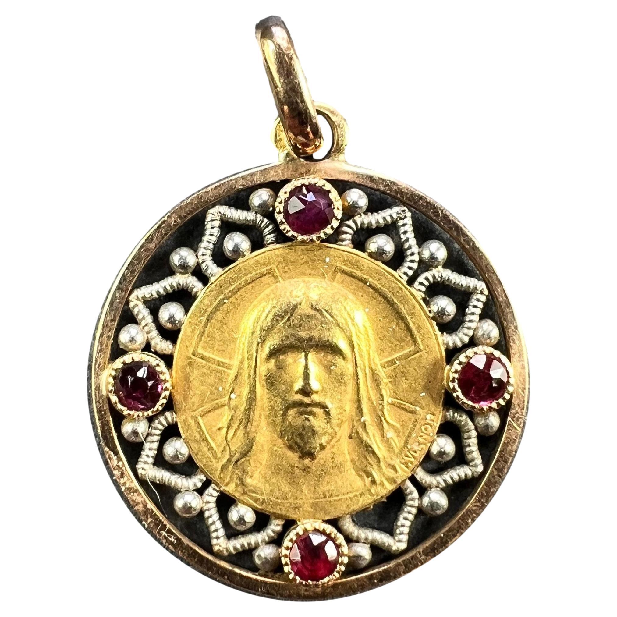 Colgante Medalla con Encanto de Rubí en Oro Amarillo de 18 quilates French Vernon Jesus Christ