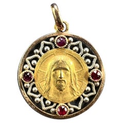 French Vernon Jesus Christ 18K Yellow Gold Ruby Charm Medal Pendant