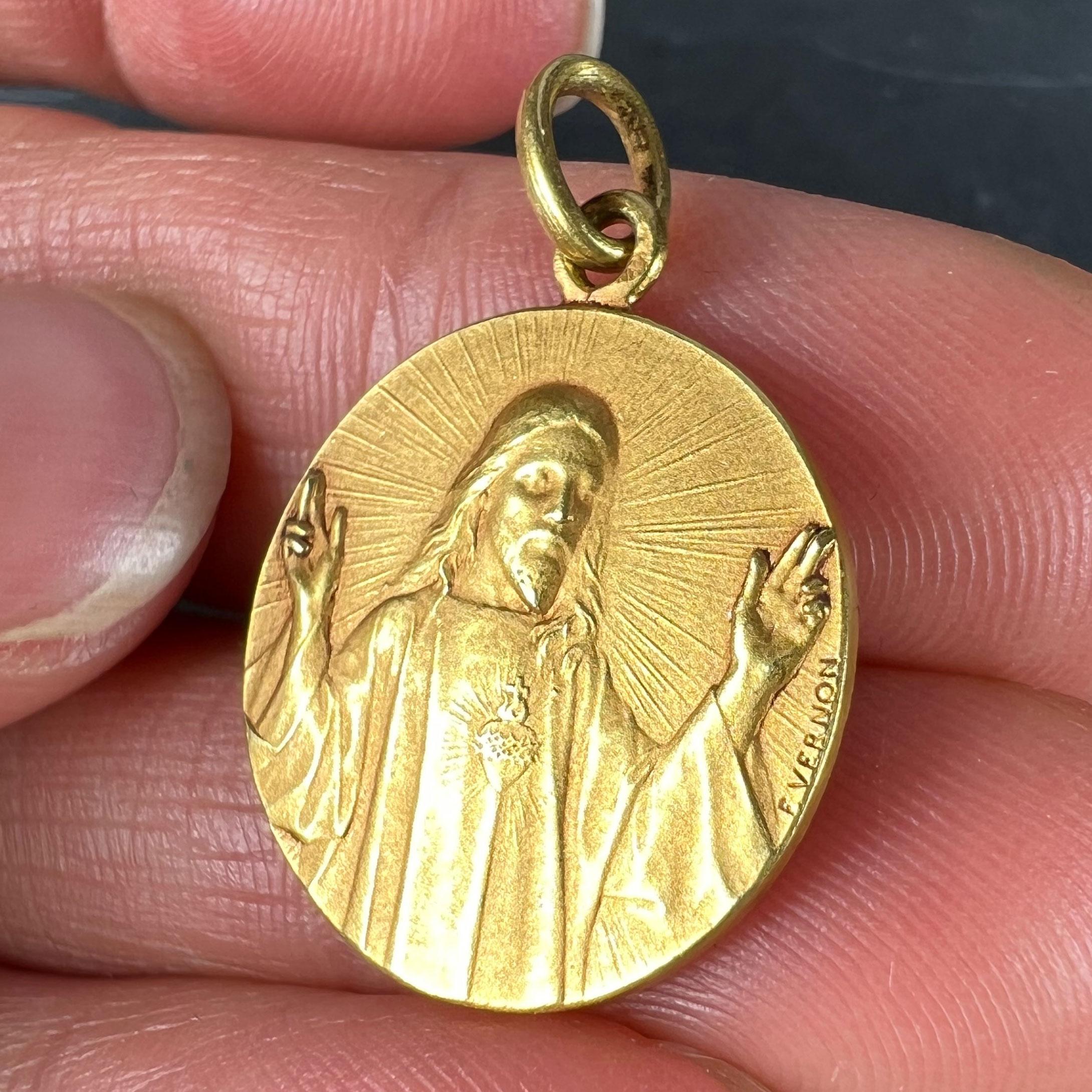 French Vernon Madonna and Child Sacred Heart 18K Yellow Gold Medal Pendant 6