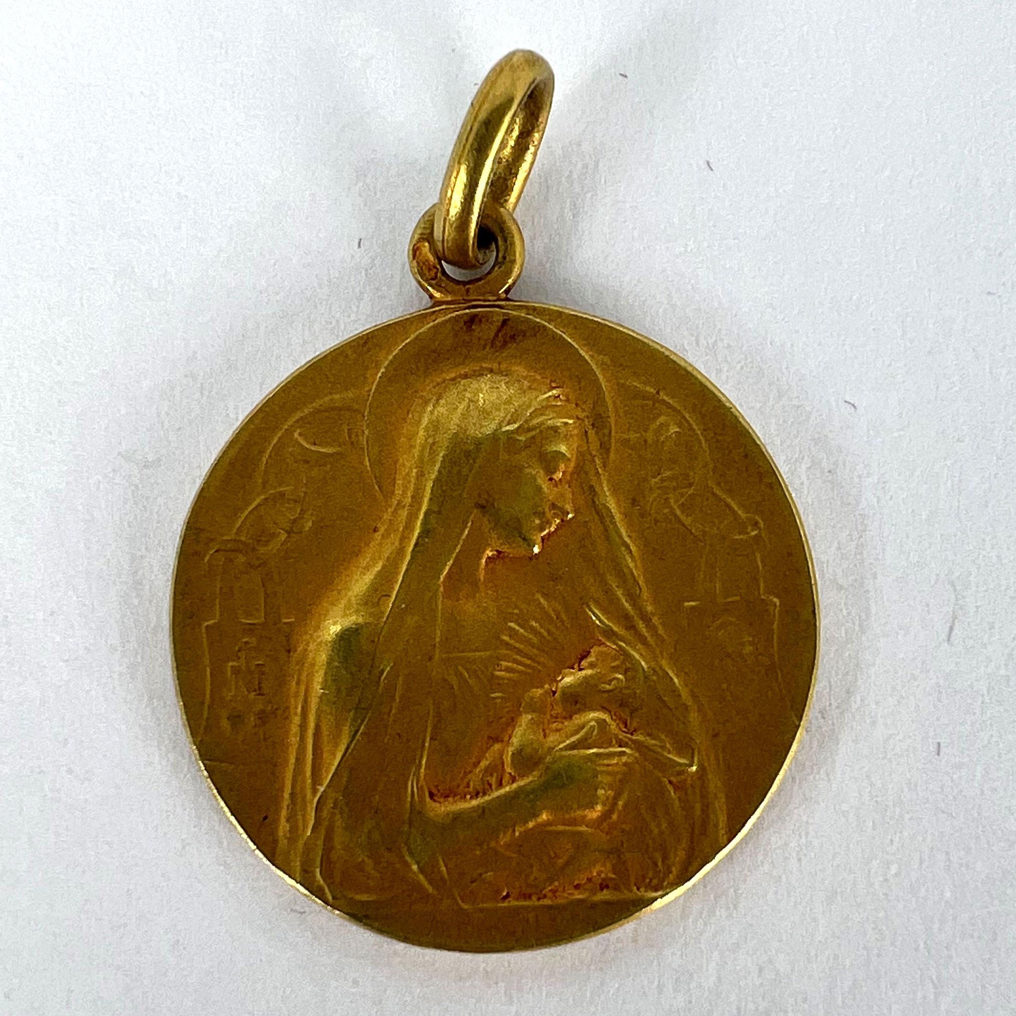 French Vernon Madonna and Child Sacred Heart 18K Yellow Gold Medal Pendant 9