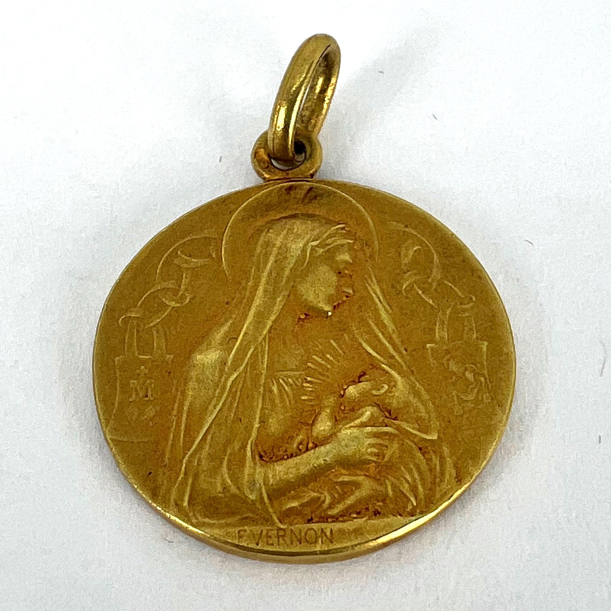 French Vernon Madonna and Child Sacred Heart 18K Yellow Gold Medal Pendant 10