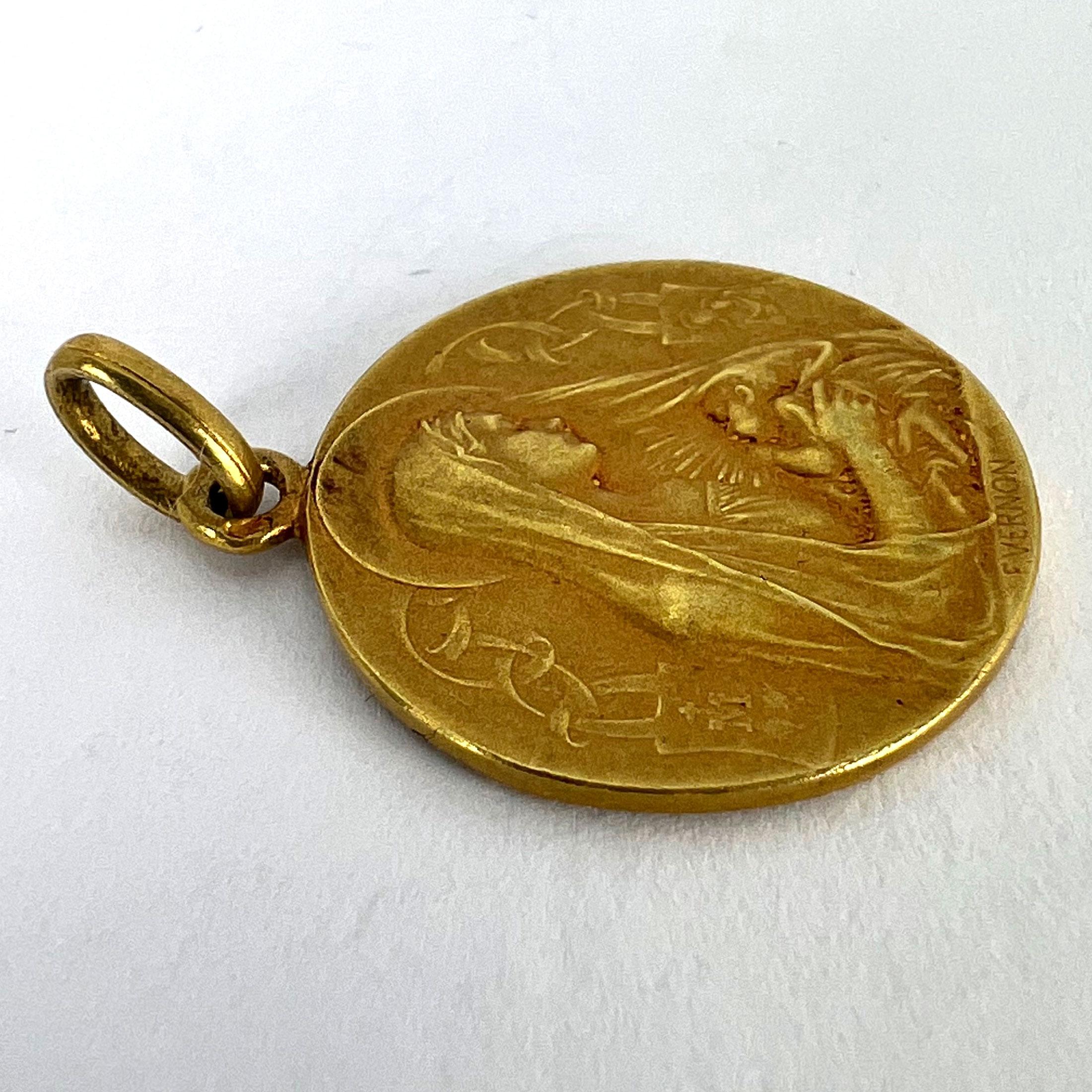 French Vernon Madonna and Child Sacred Heart 18K Yellow Gold Medal Pendant 12