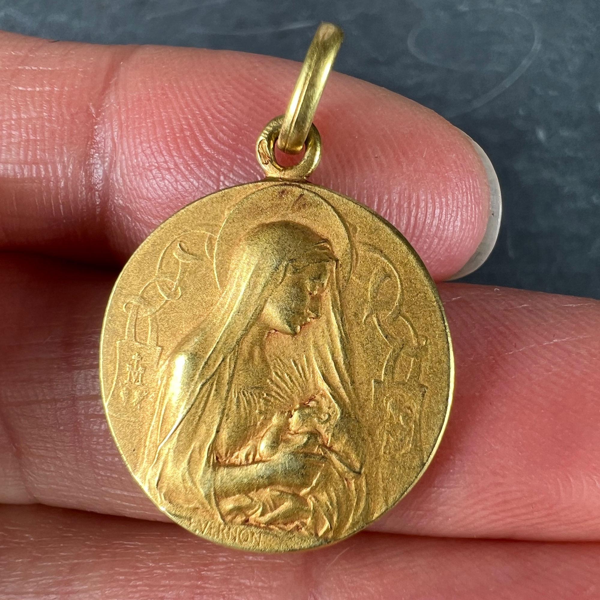 French Vernon Madonna and Child Sacred Heart 18K Yellow Gold Medal Pendant 1
