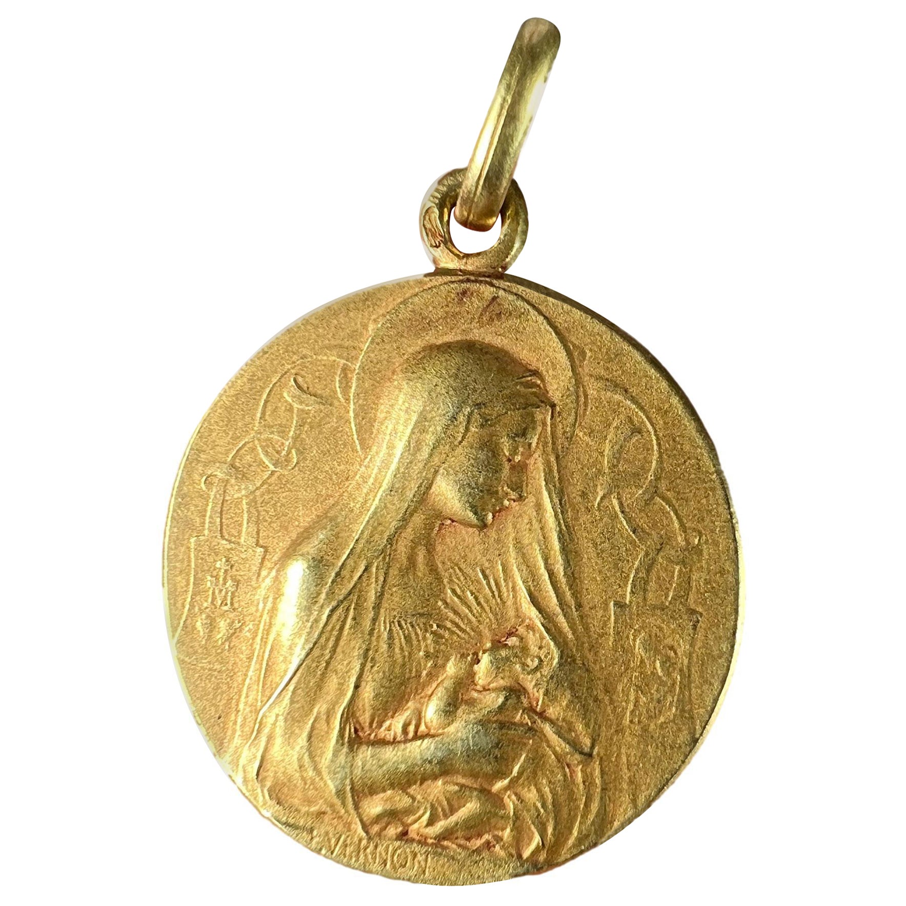 French Vernon Madonna und Kind Sacred Heart 18K Gelb Gold Medal Anhänger