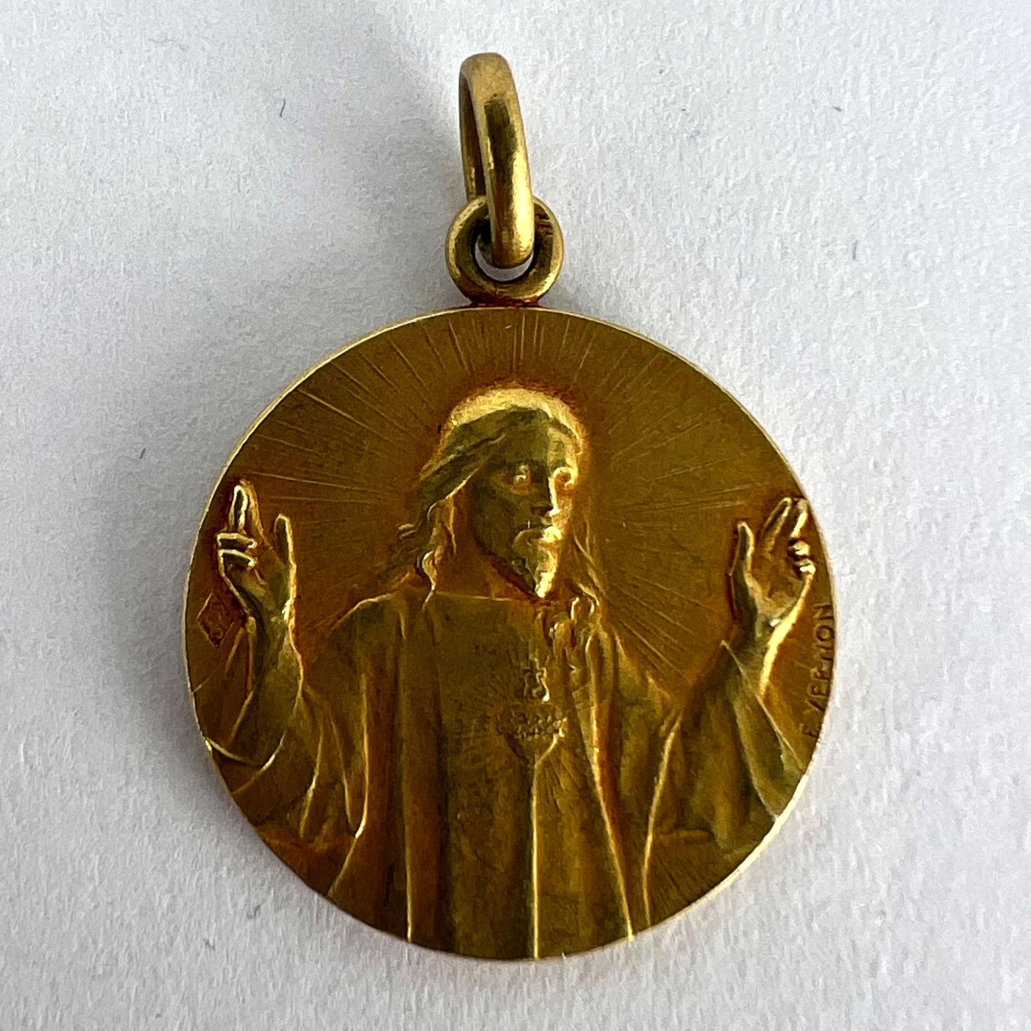 French Vernon Sacred Heart Madonna and Child 18K Yellow Gold Medal Pendant 7