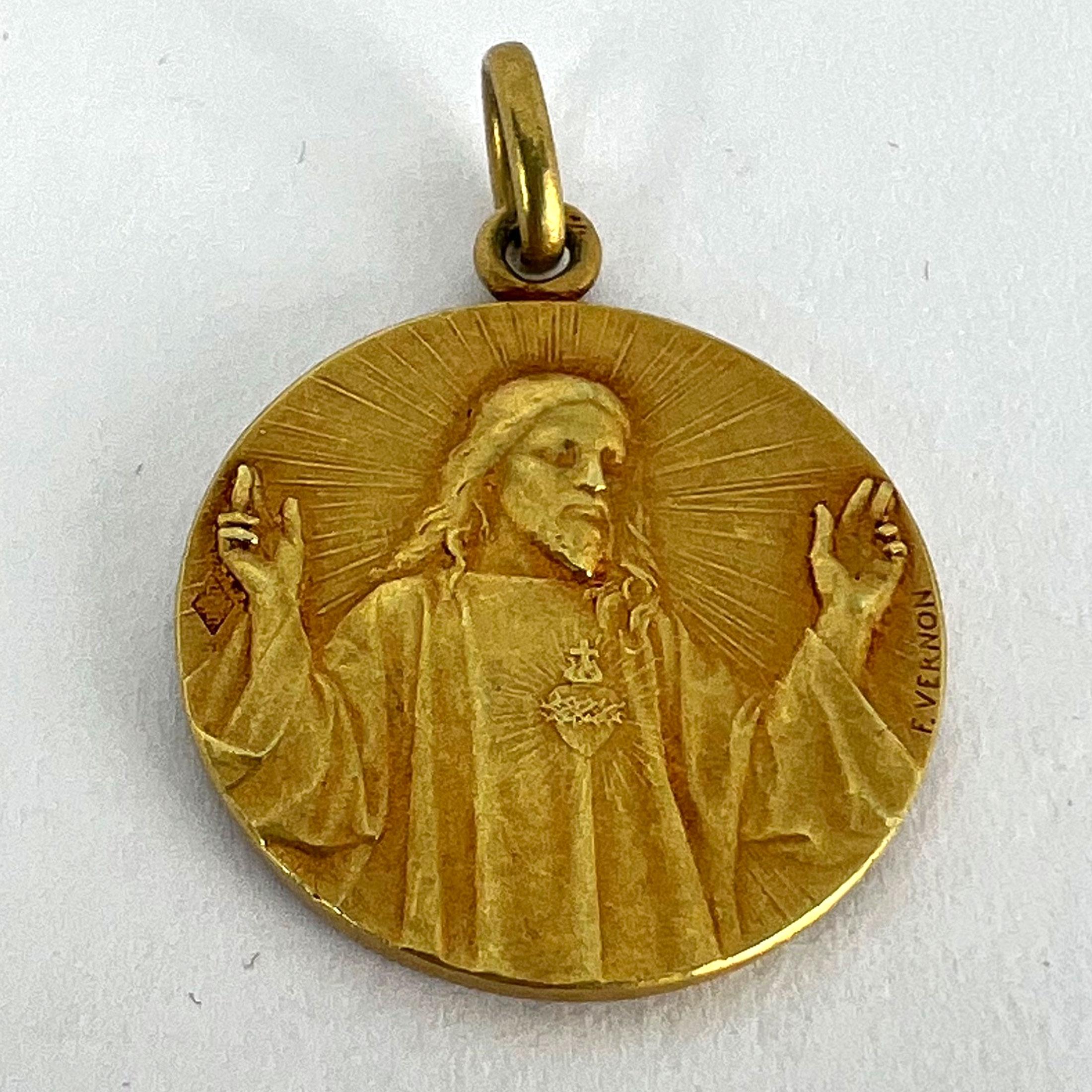 French Vernon Sacred Heart Madonna and Child 18K Yellow Gold Medal Pendant 8