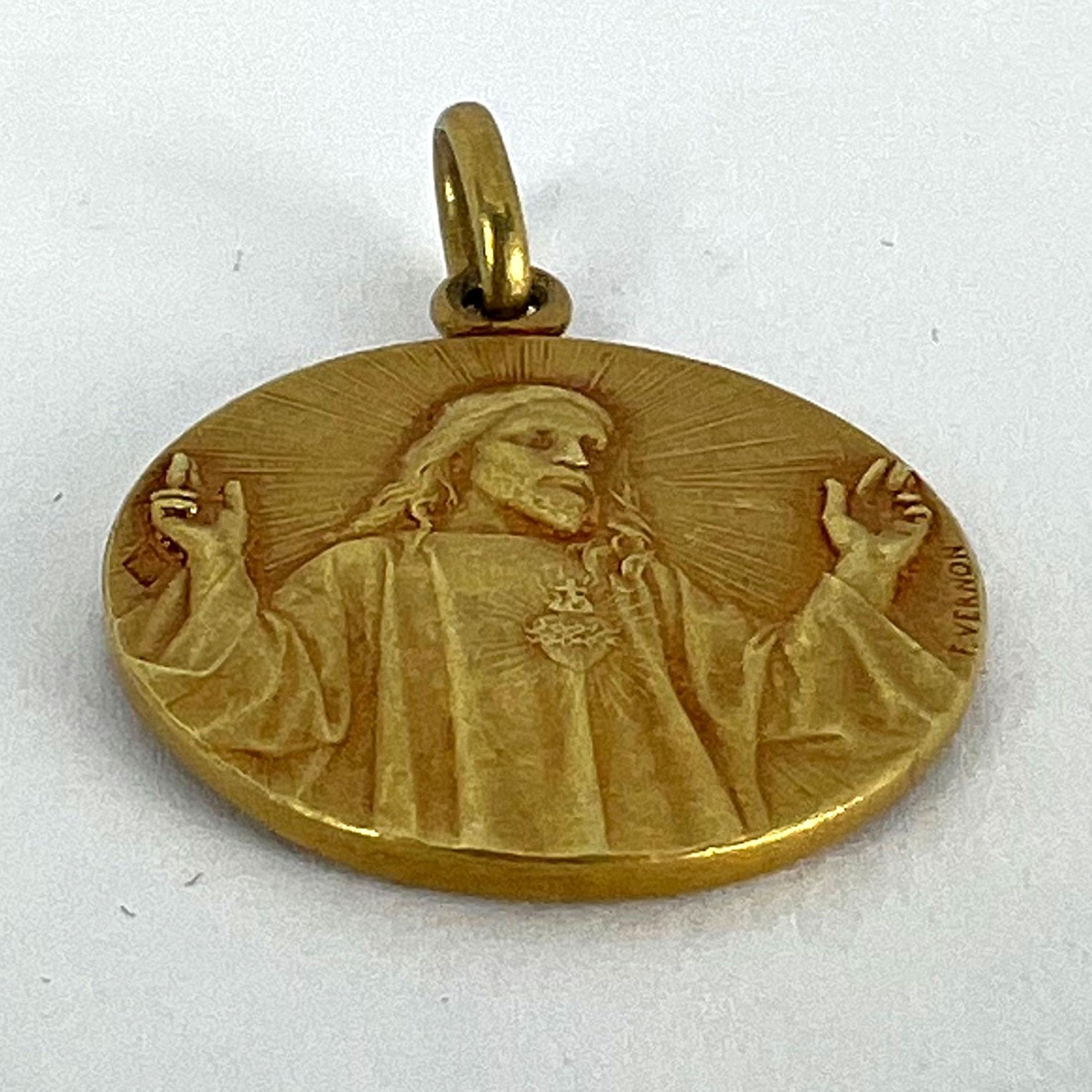 French Vernon Sacred Heart Madonna and Child 18K Yellow Gold Medal Pendant 9