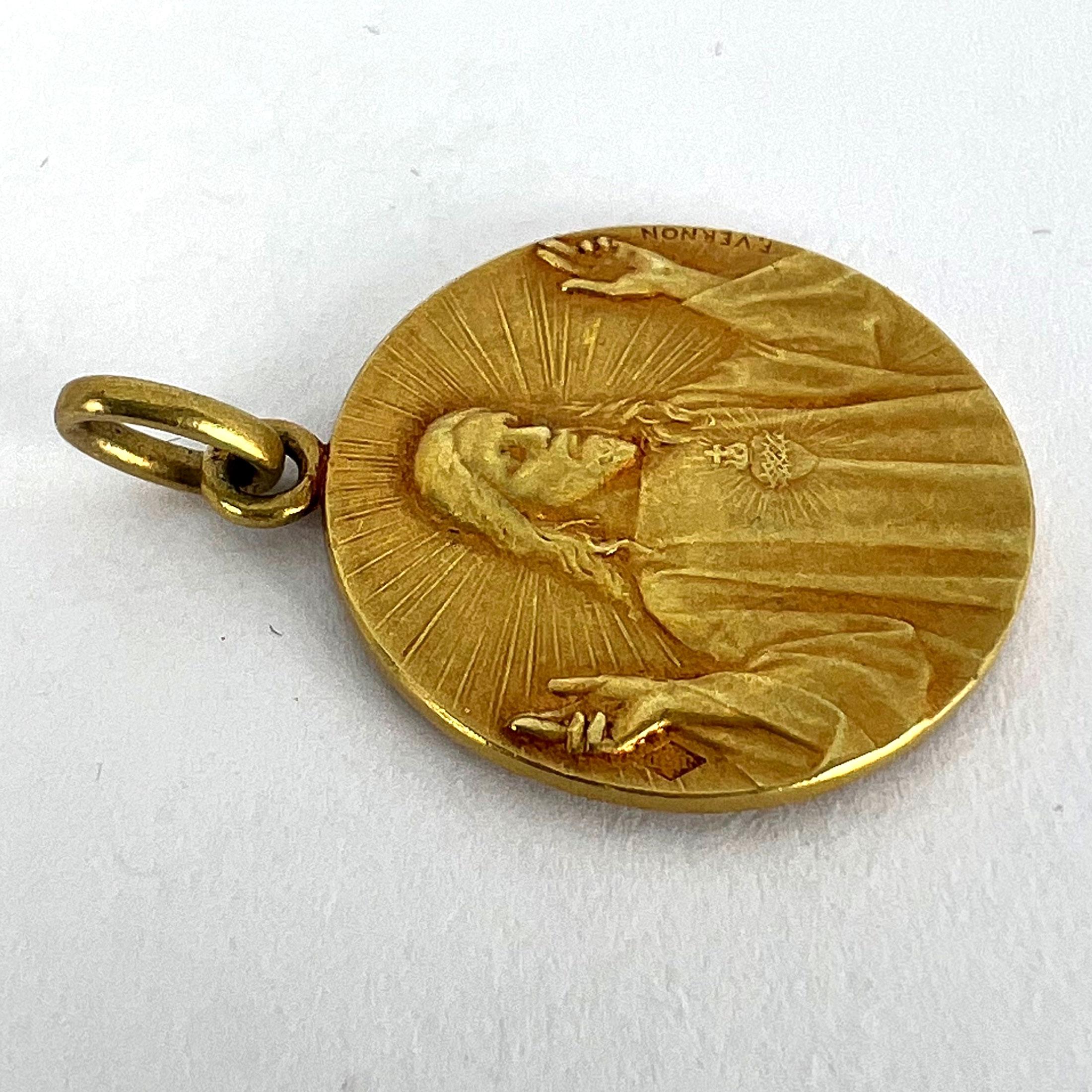 French Vernon Sacred Heart Madonna and Child 18K Yellow Gold Medal Pendant 10