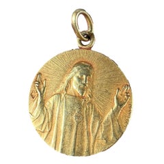 French Vernon Sacred Heart Madonna and Child 18K Yellow Gold Medal Pendant